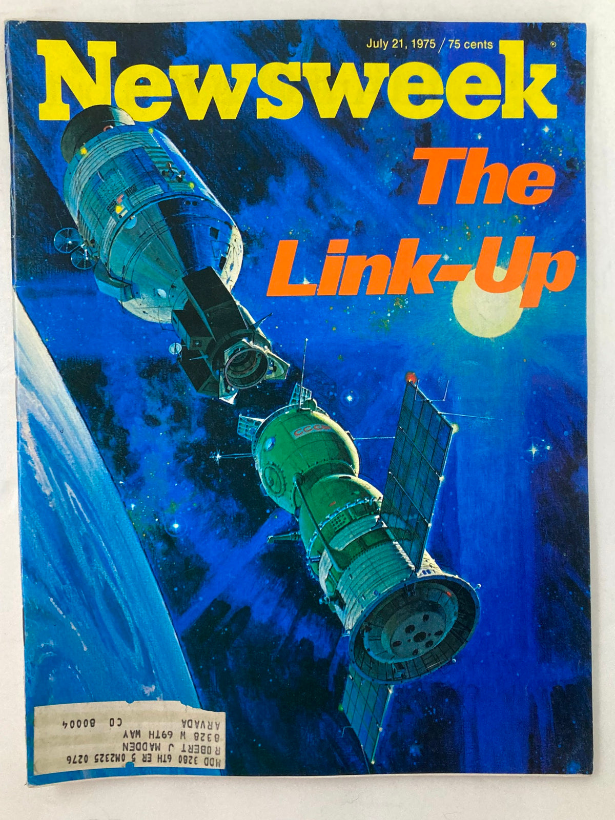 Cover of the vintage Newsweek magazine from July 21, 1975, titled 'The Link-Up,' featuring a colorful illustration of a spacecraft connecting in outer space.