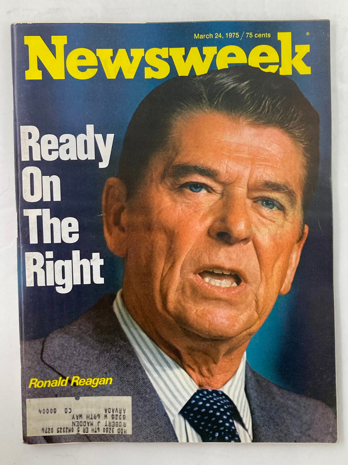 Vintage Newsweek magazine cover from March 24, 1975, featuring Ronald Reagan with the title 'Ready On The Right.' The magazine highlights Reagan's political rise during the mid-1970s.