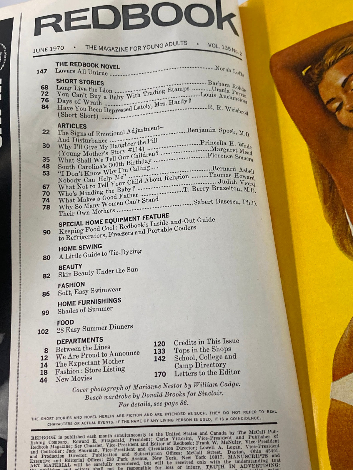 Contents page of the June 1970 issue of Redbook Magazine, featuring article titles and a cover photograph of Marianne Nestor.