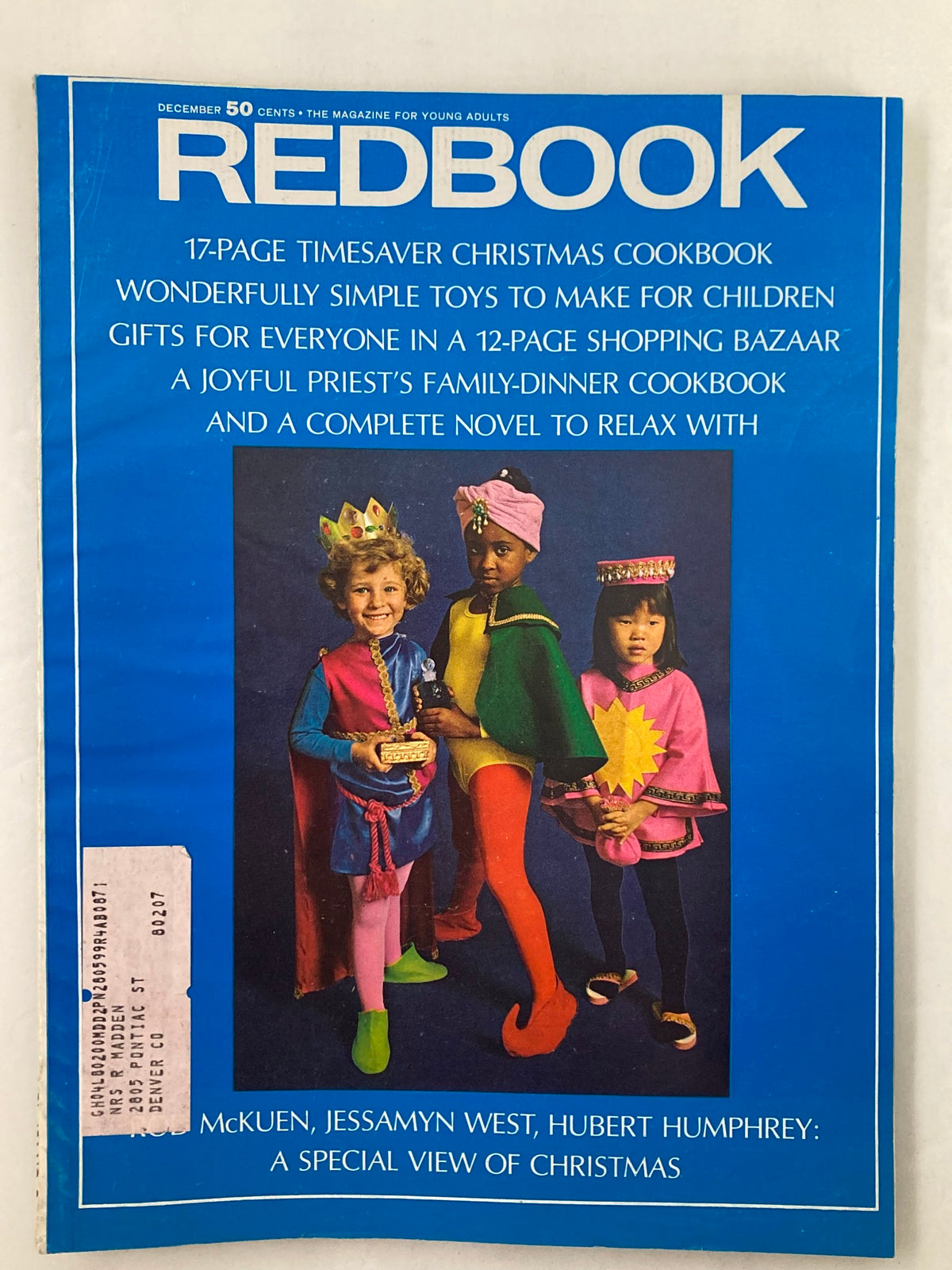VTG Redbook Magazine December 1969 cover featuring children dressed in festive attire, showcasing a special view of Christmas with contributions from Rob McKuen, Jessamyn West, and Hubert Humphrey.