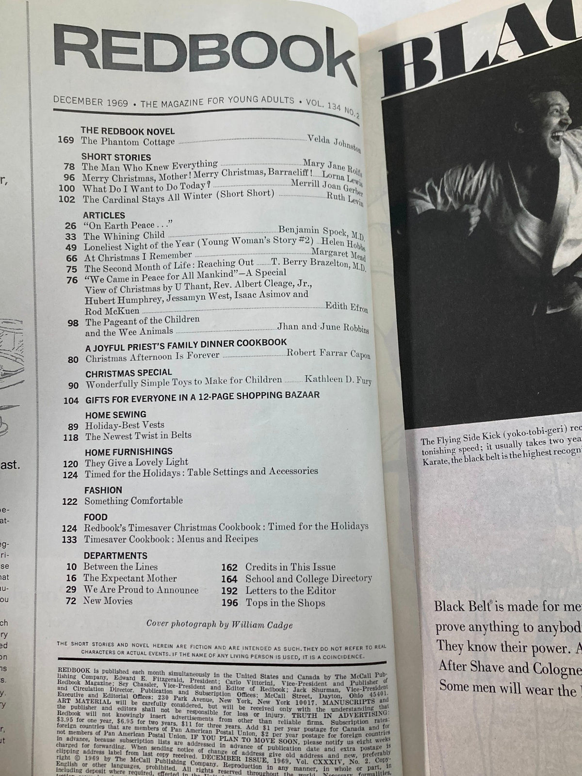 Interior page of VTG Redbook Magazine December 1969 displaying the table of contents, highlighting articles, short stories, and features like a Joyful Priest's Family Dinner Cookbook.