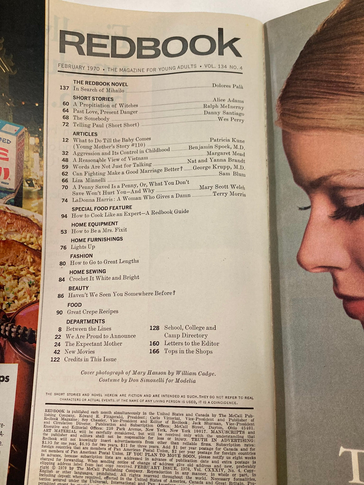 VTG Redbook Magazine February 1970 cover featuring content details including short stories, articles, and various sections such as Food, Fashion, and Home Furnishings. The cover photograph features Mary Hanson, captured by William Cadge, showcasing a classic design from the 1970s.