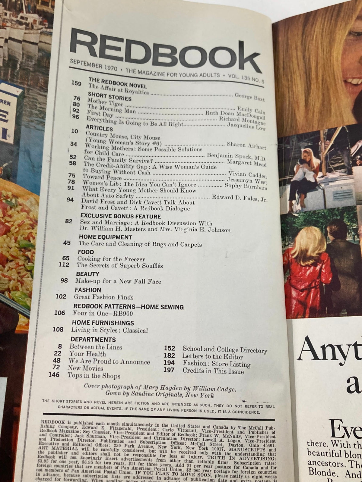 Inside page from the September 1970 Redbook magazine with the table of contents, featuring an advertisement and details about the magazine's articles and features, including the cover photograph of Mary Hayden.