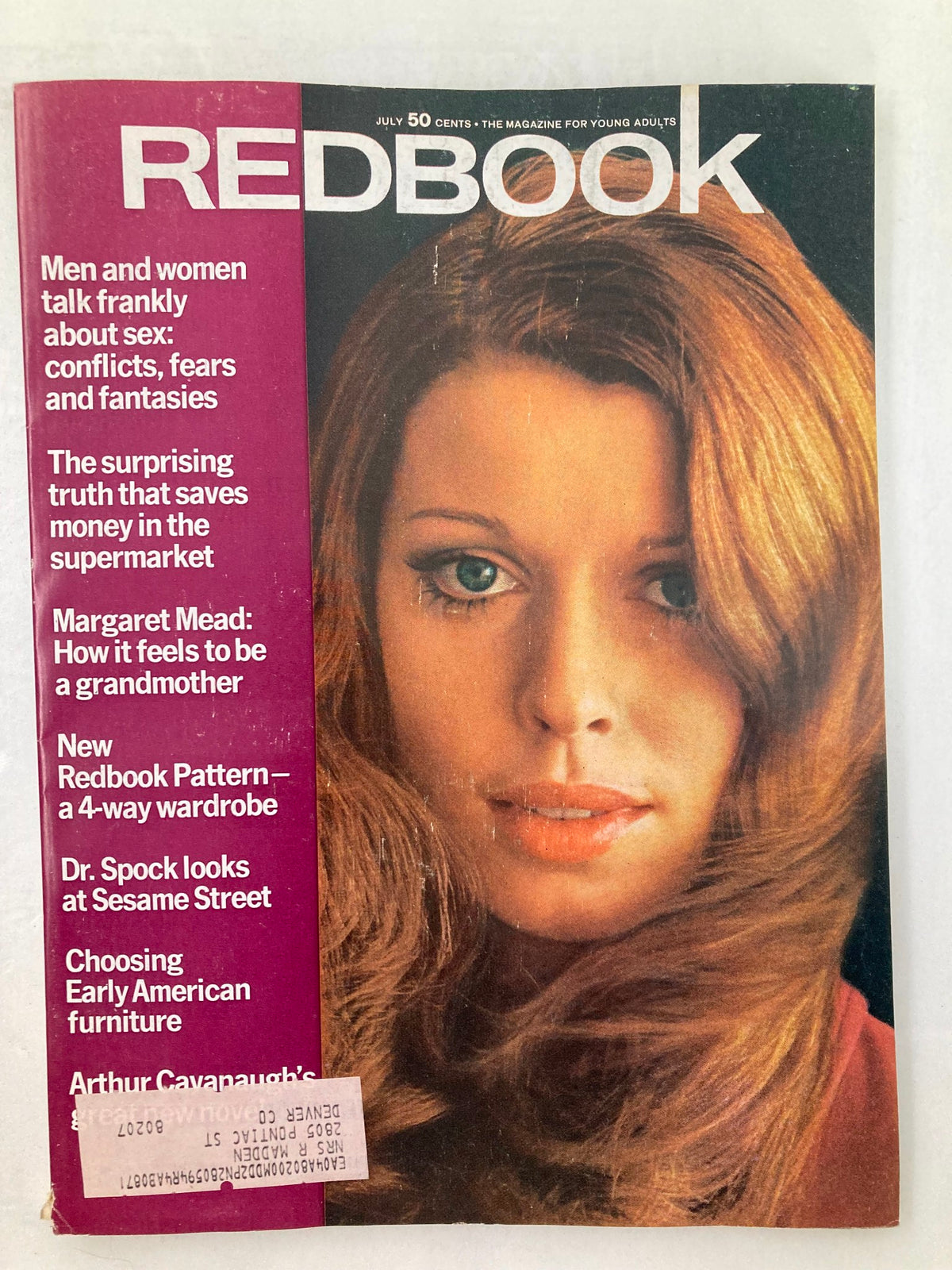 Cover photograph of Sue Quick featured on the July 1970 issue of VTG Redbook Magazine. The cover prominently displays bold headlines about relationships and parenting with a close-up image of Sue Quick.