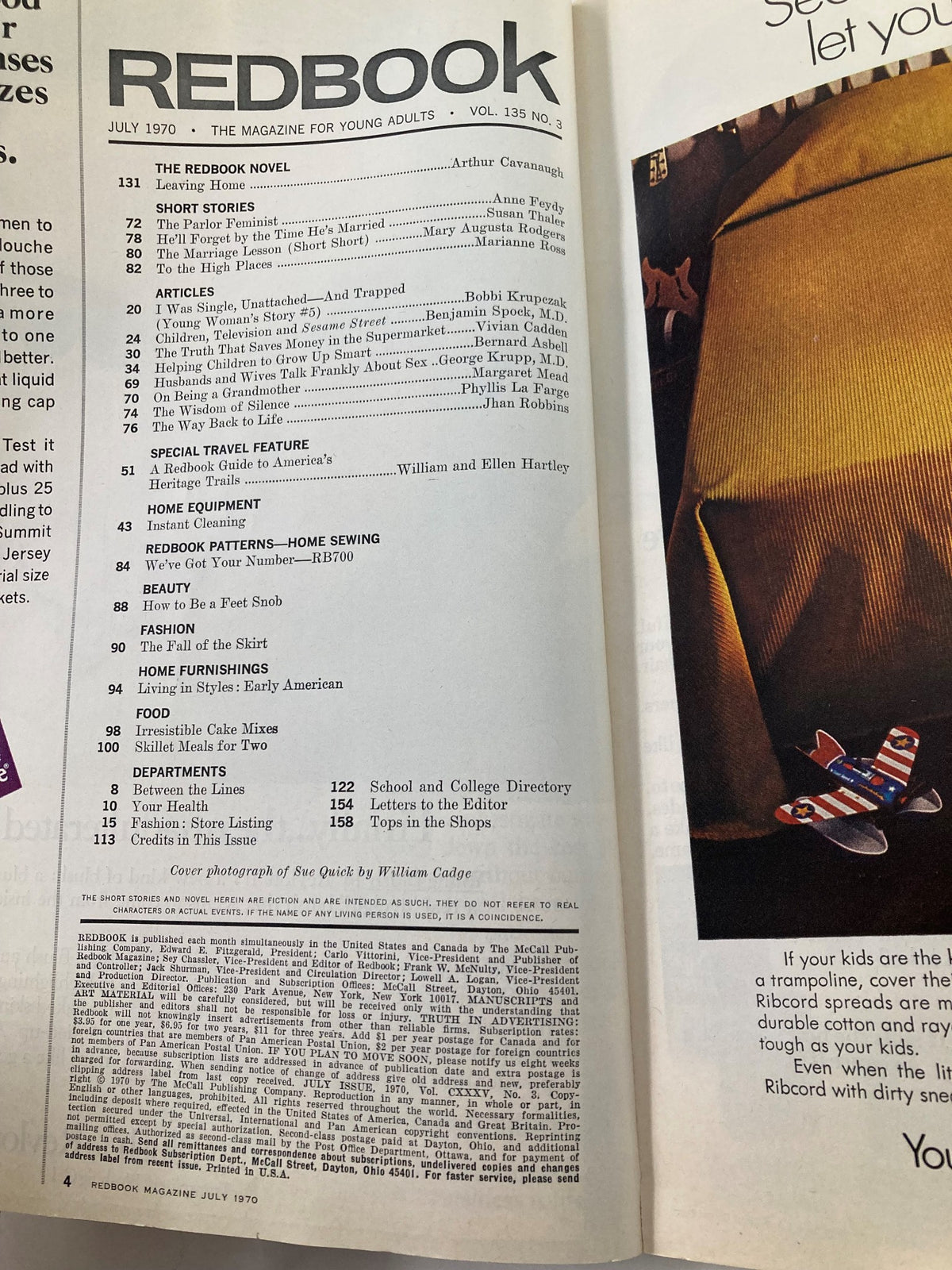 Contents page of the July 1970 issue of VTG Redbook Magazine, listing various articles and features including a cover photograph of Sue Quick by William Cadge.