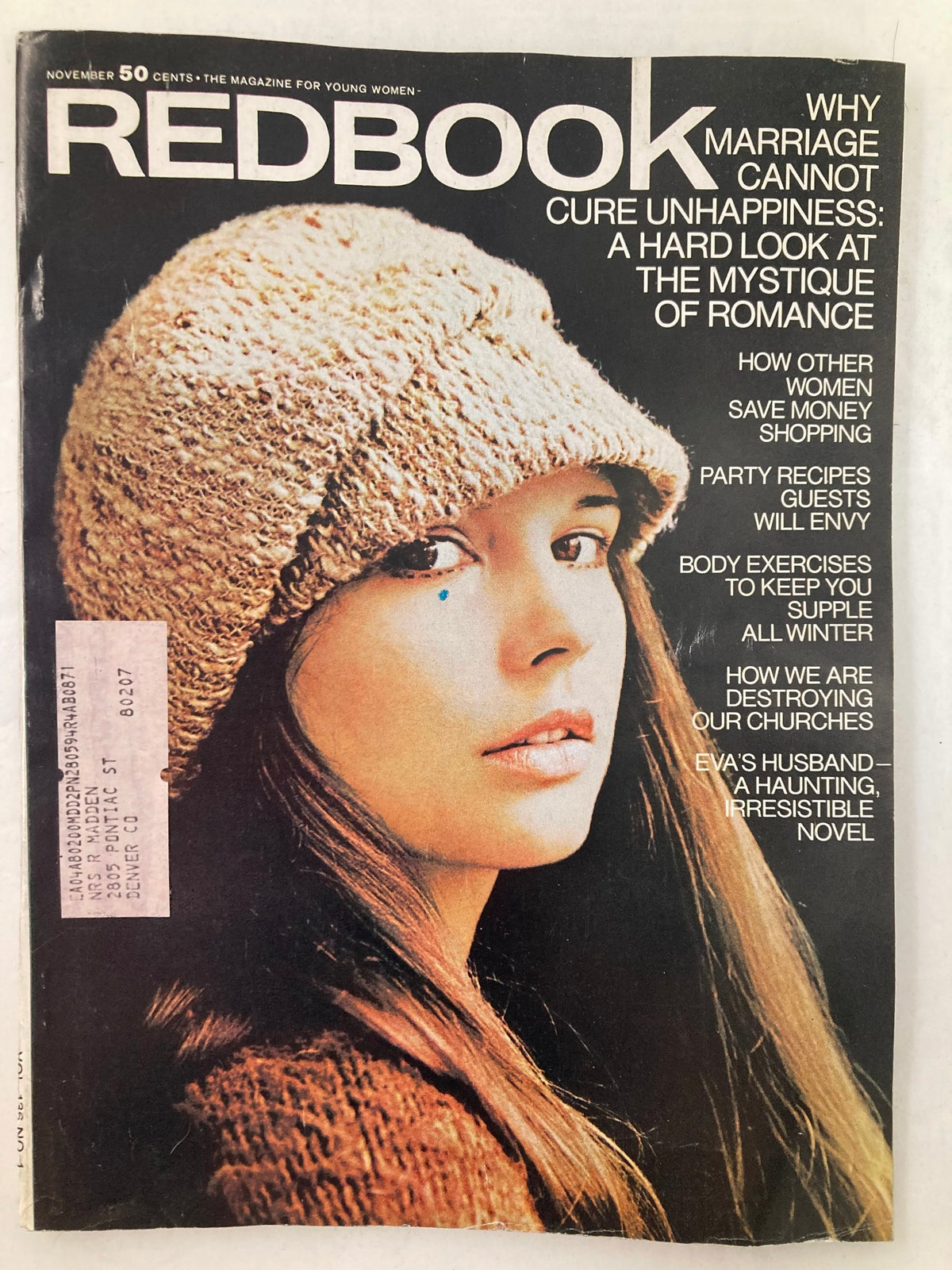 Cover of VTG Redbook Magazine November 1970 featuring a photograph of Alva Hellstrom, showcasing the title and an article headline about marriage and unhappiness.