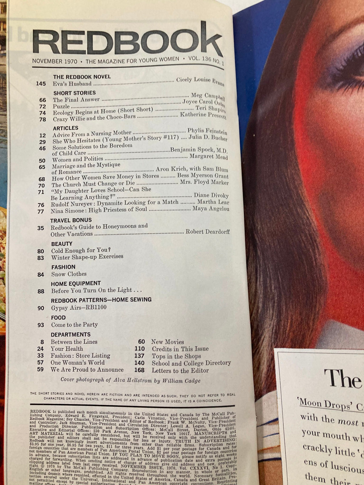 Inside page of VTG Redbook Magazine November 1970 displaying the table of contents, including articles and features alongside the cover photograph of Alva Hellstrom.