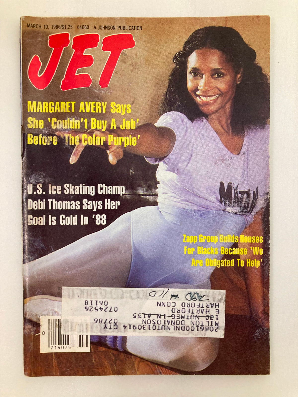 VTG Jet Magazine March 10 1986 featuring U.S. Ice Skating Champion Debi Thomas on the cover. The image showcases Debi Thomas smiling, wearing a purple outfit, with the magazine title and promotional text visible.