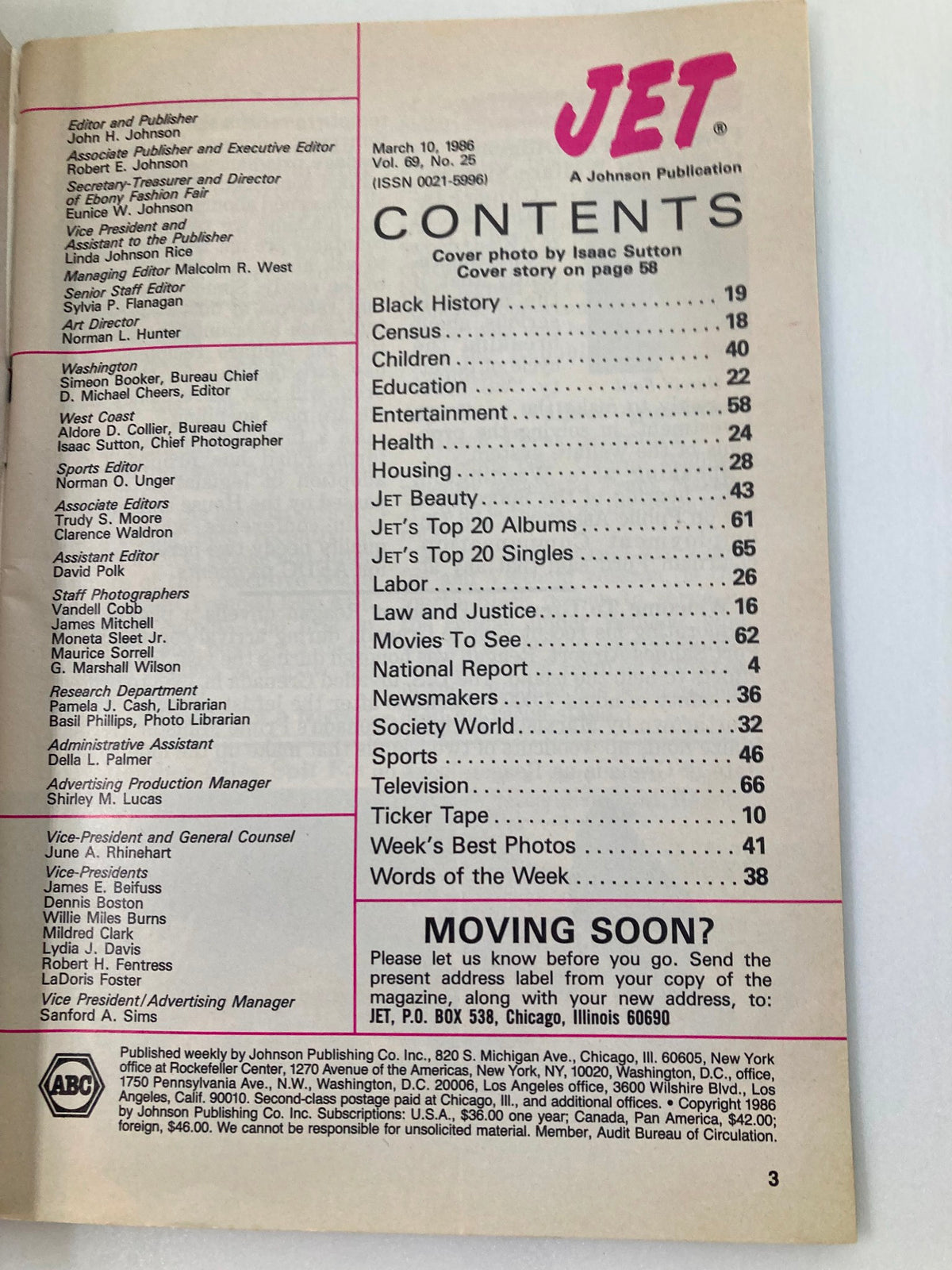 Inside page of VTG Jet Magazine March 10 1986 listing contents, including articles on Black history, education, entertainment, and sports. This page features the magazine's publication details and contributors.