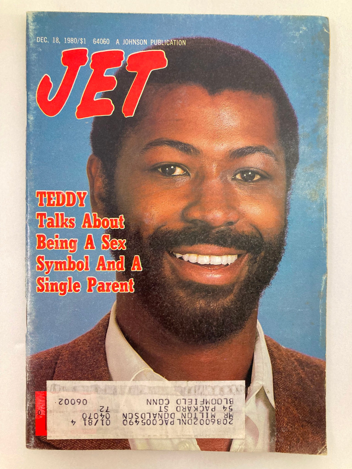 Cover of VTG Jet Magazine December 18 1980 featuring Teddy discussing being a sex symbol and a single parent. The magazine showcases vibrant colors and a smile.