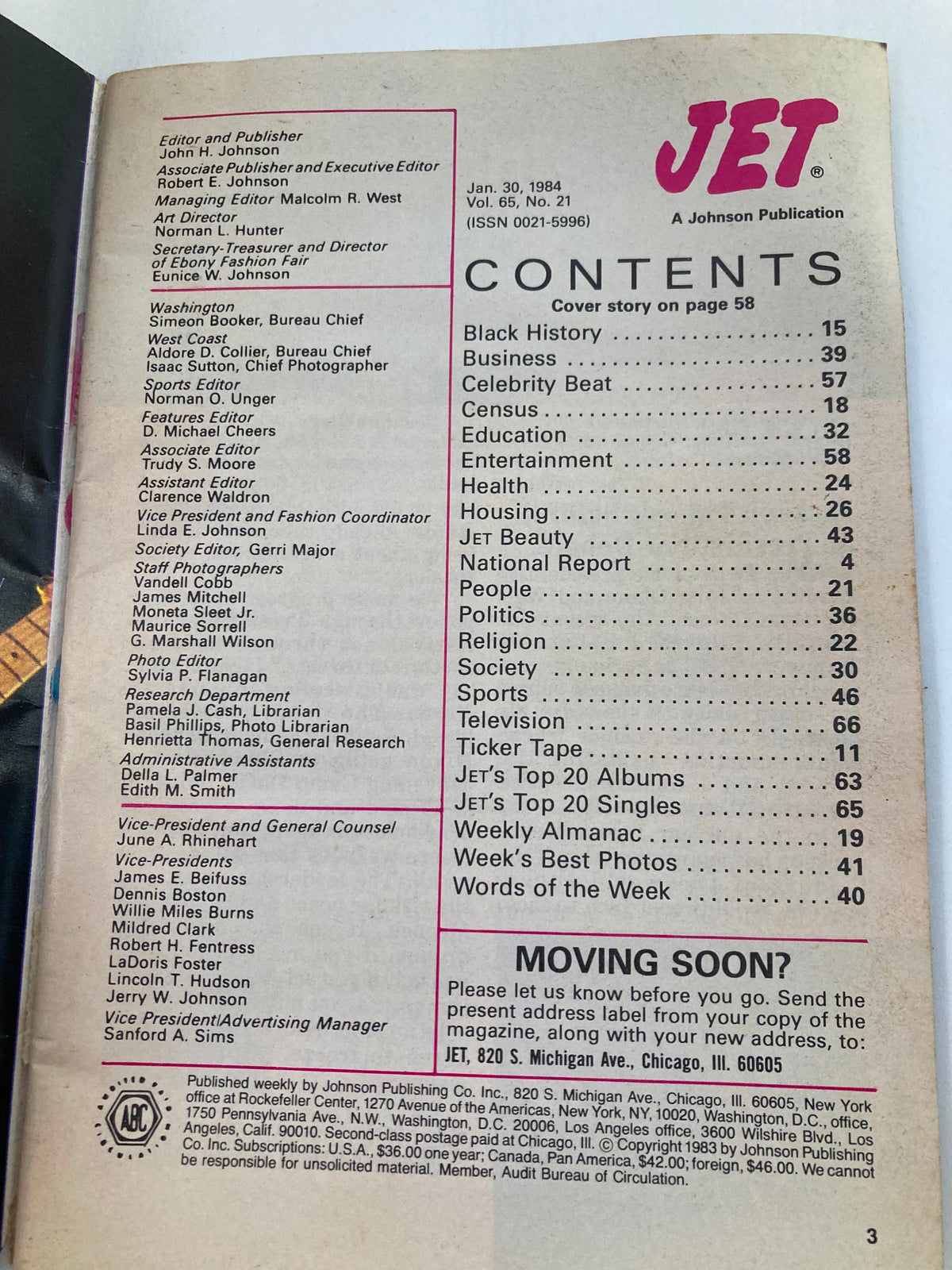Contents page of VTG Jet Magazine January 30 1984, detailing various sections including Black History, Business, and Entertainment.