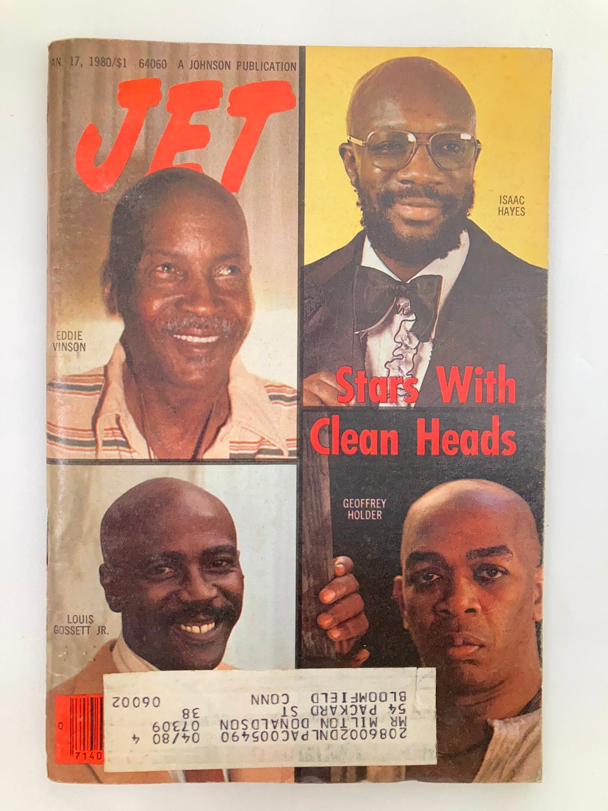 Cover of VTG Jet Magazine January 17 1980 featuring Eddie Vinson, Isaac Hayes, and Louis Gossett Jr. The magazine includes the headline 'Stars With Clean Heads' and shows images of the three artists.