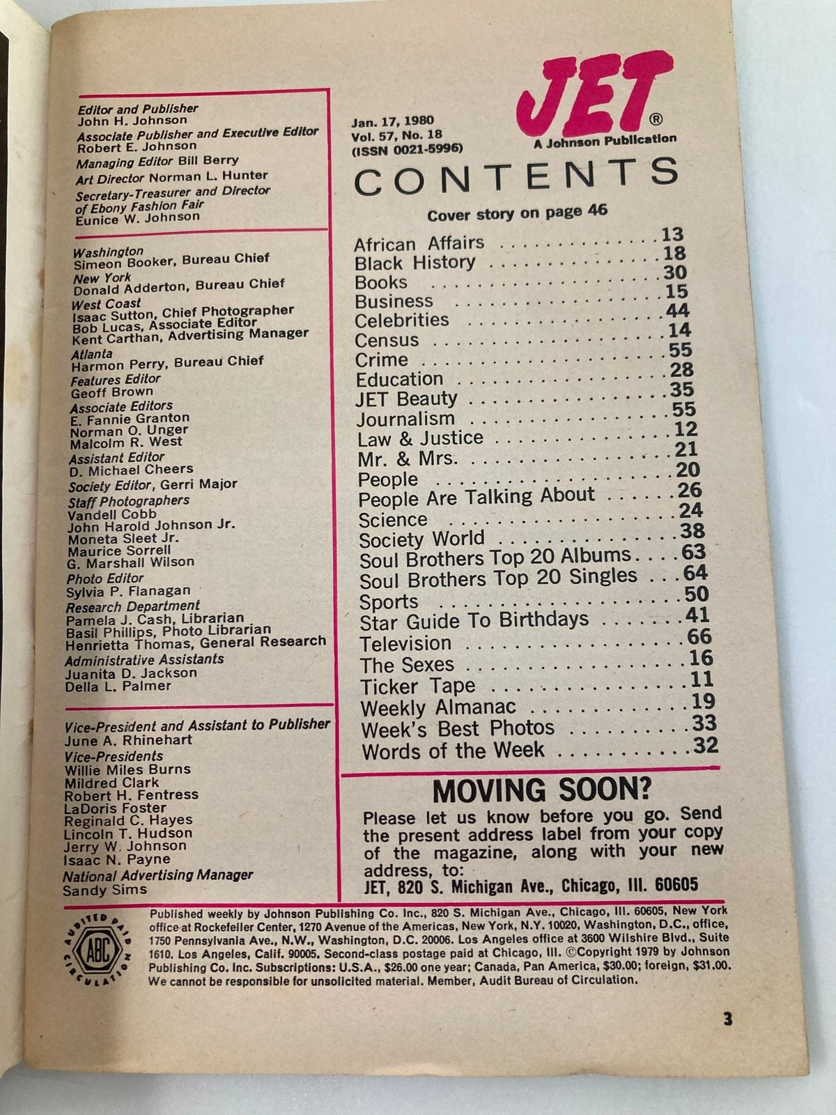 Contents page of VTG Jet Magazine January 17 1980, detailing sections such as African Affairs, Black History, and Celebrities, published by Johnson Publishing Co.