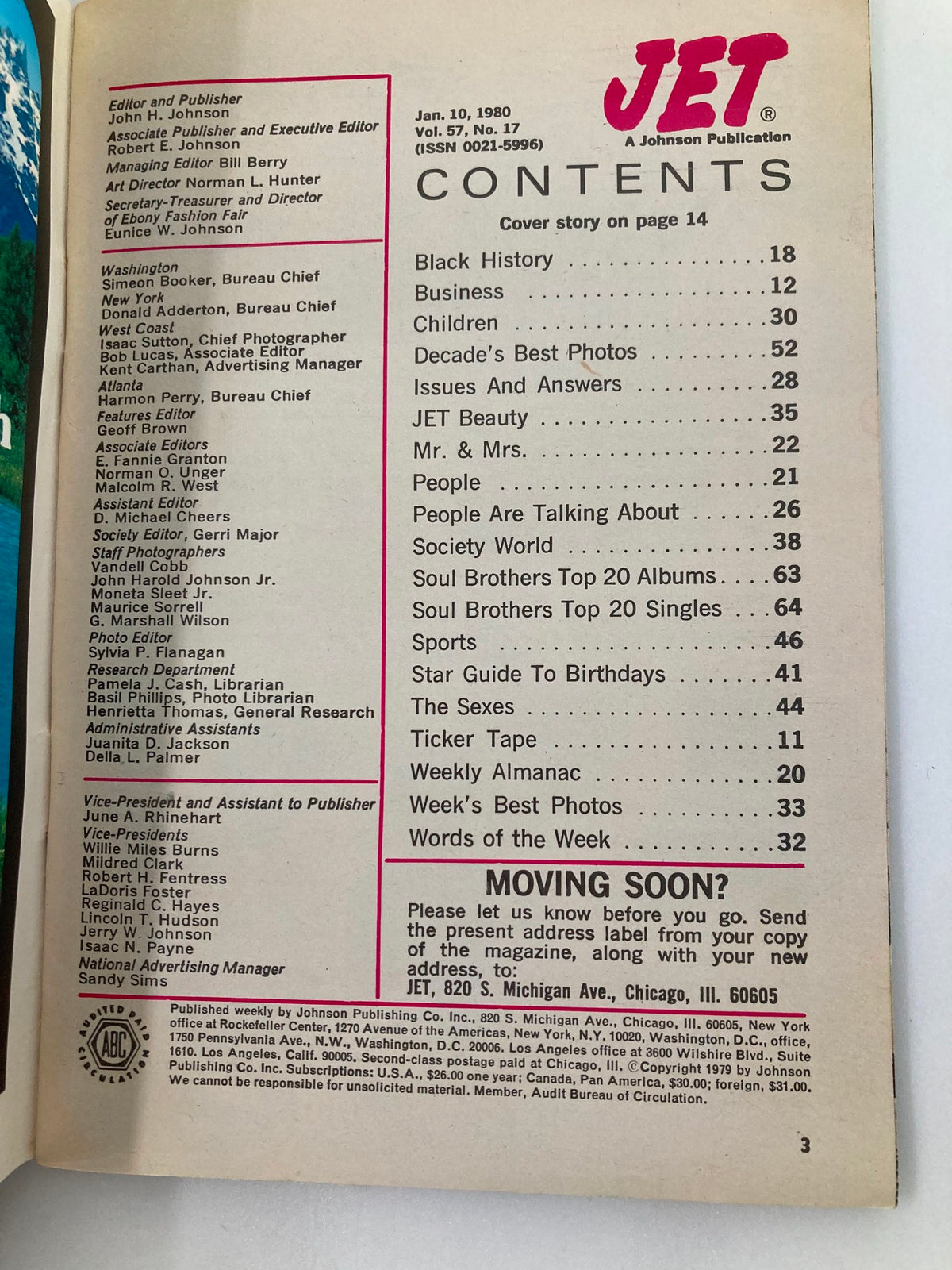 Inside contents page of VTG Jet Magazine January 10 1980, listing features including Black History, JET Beauty, and issues relevant to that time, showcasing the magazine's editorial structure.
