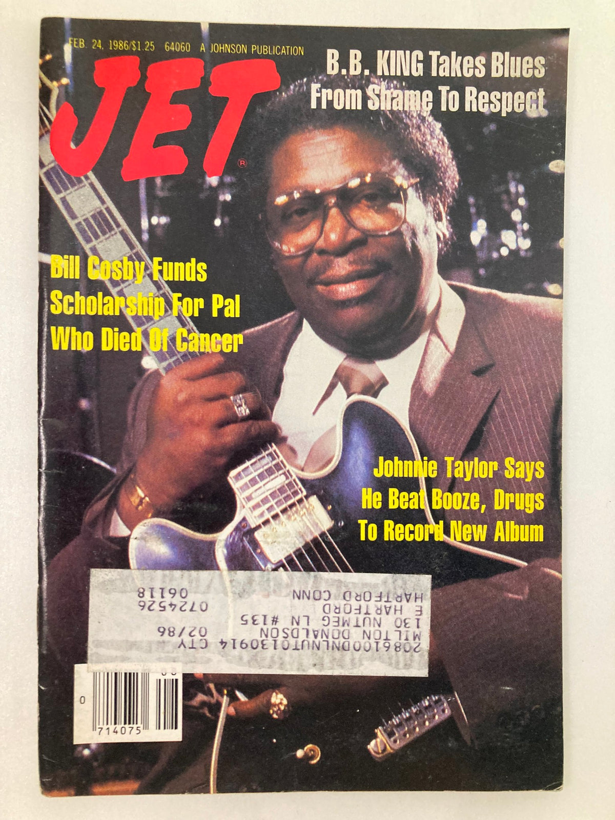 Cover of VTG Jet Magazine from February 24, 1986 featuring Johnnie Taylor and Bill Cosby, highlighting B.B. King and articles about music and culture.