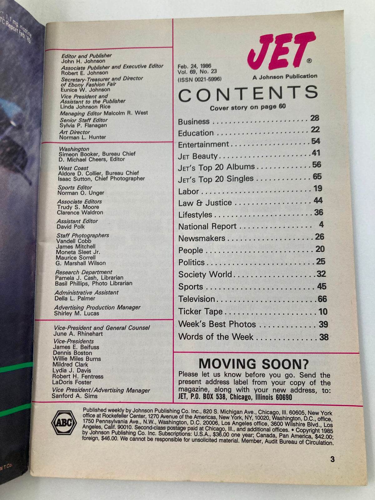 Contents page of VTG Jet Magazine dated February 24, 1986, showcasing features on entertainment, education, and current events.
