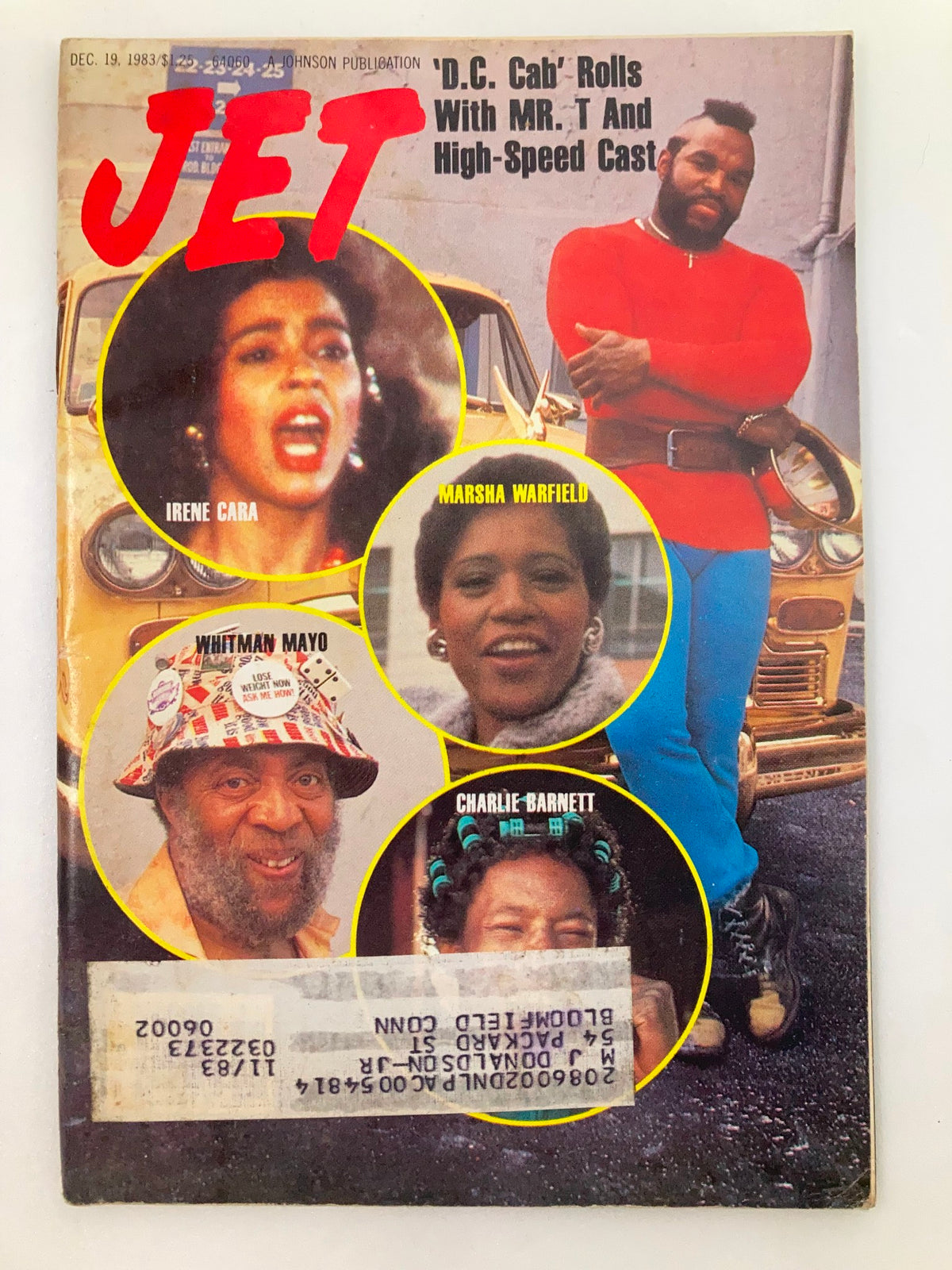 Cover of VTG Jet Magazine December 19 1983 featuring Irene Cara, Marsha Warfield, Whitman Mayo, and Charlie Barnett, highlighting 'D.C. Cab' and MR. T.