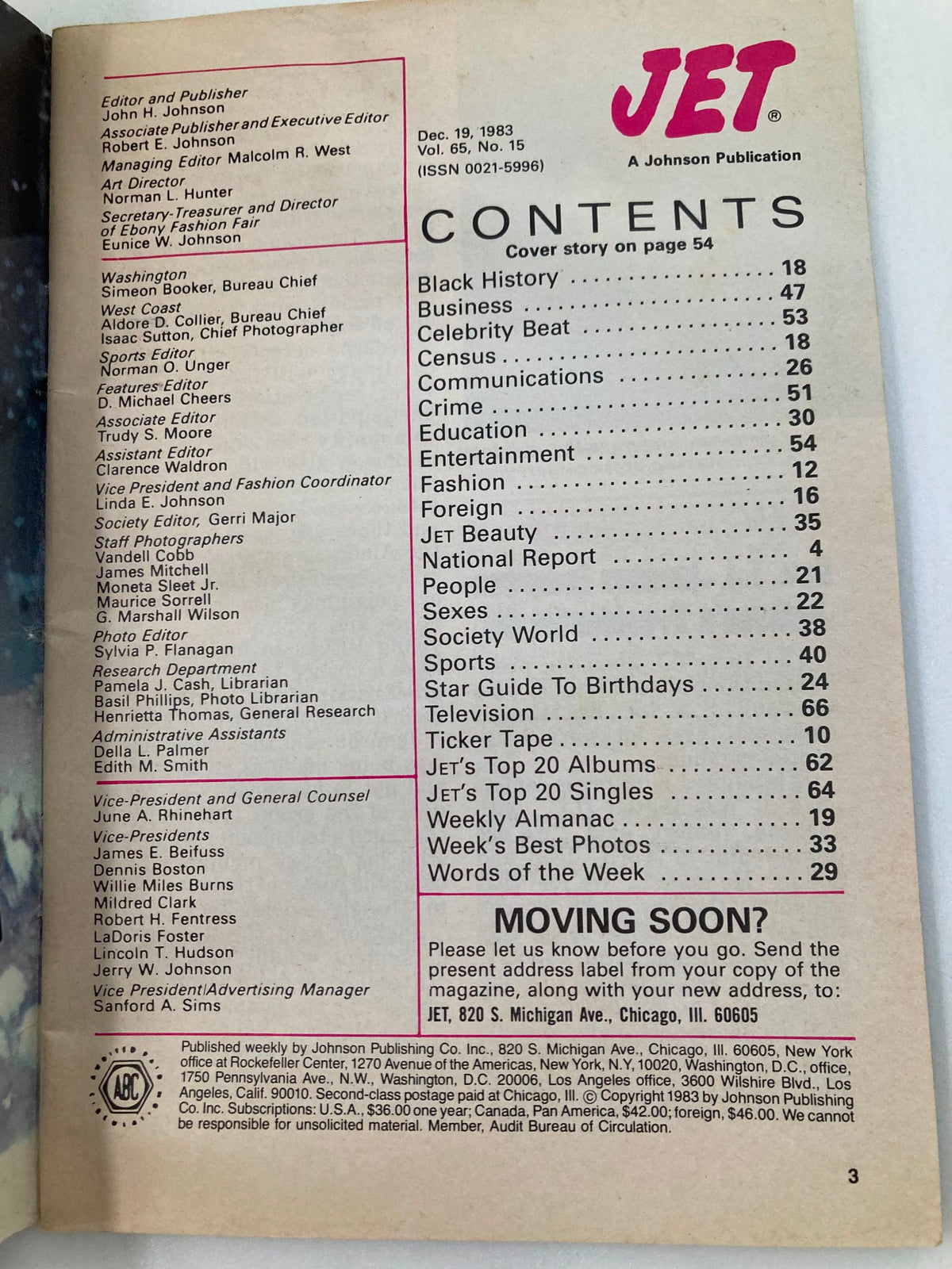 Table of contents from VTG Jet Magazine December 19 1983, listing various sections including Black History, Celebrity Beat, and Entertainment.