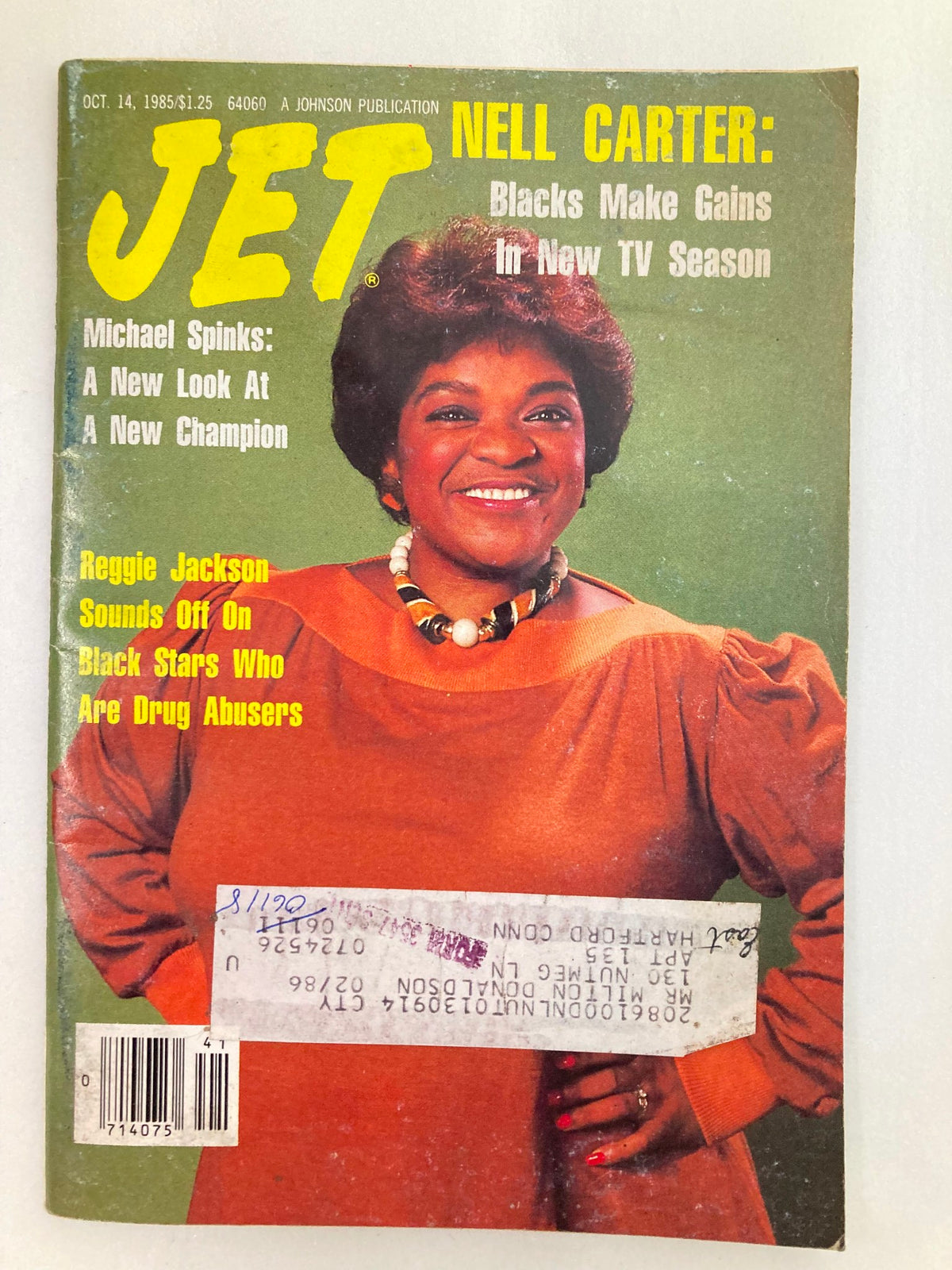VTG Jet Magazine October 14 1985 featuring Nell Carter on the cover, discussing Black representation in the new TV season, with additional articles about Michael Spinks and Reggie Jackson. The magazine's cover highlights relevant cultural topics and includes a price and publication information.