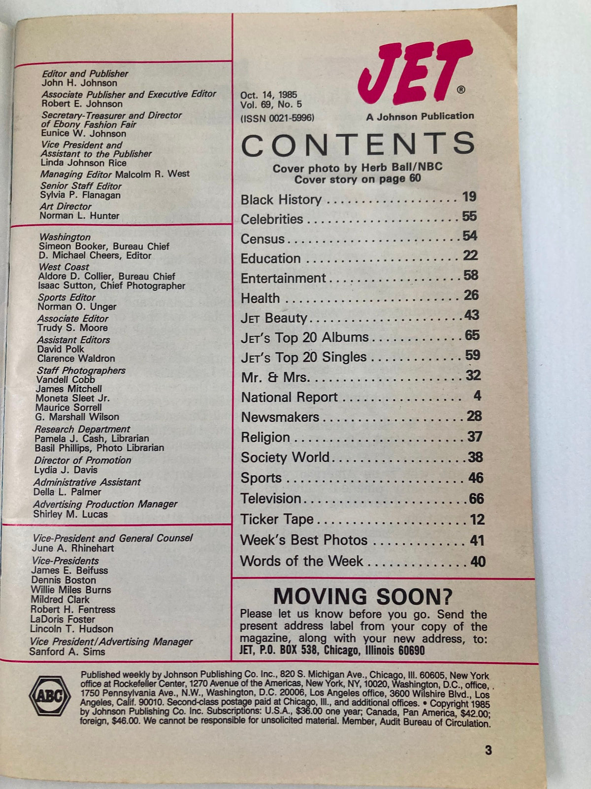 The contents page of VTG Jet Magazine from October 14, 1985, featuring sections on Black History, Celebrities, Entertainment, Health, and more, including editor details and staff credits.