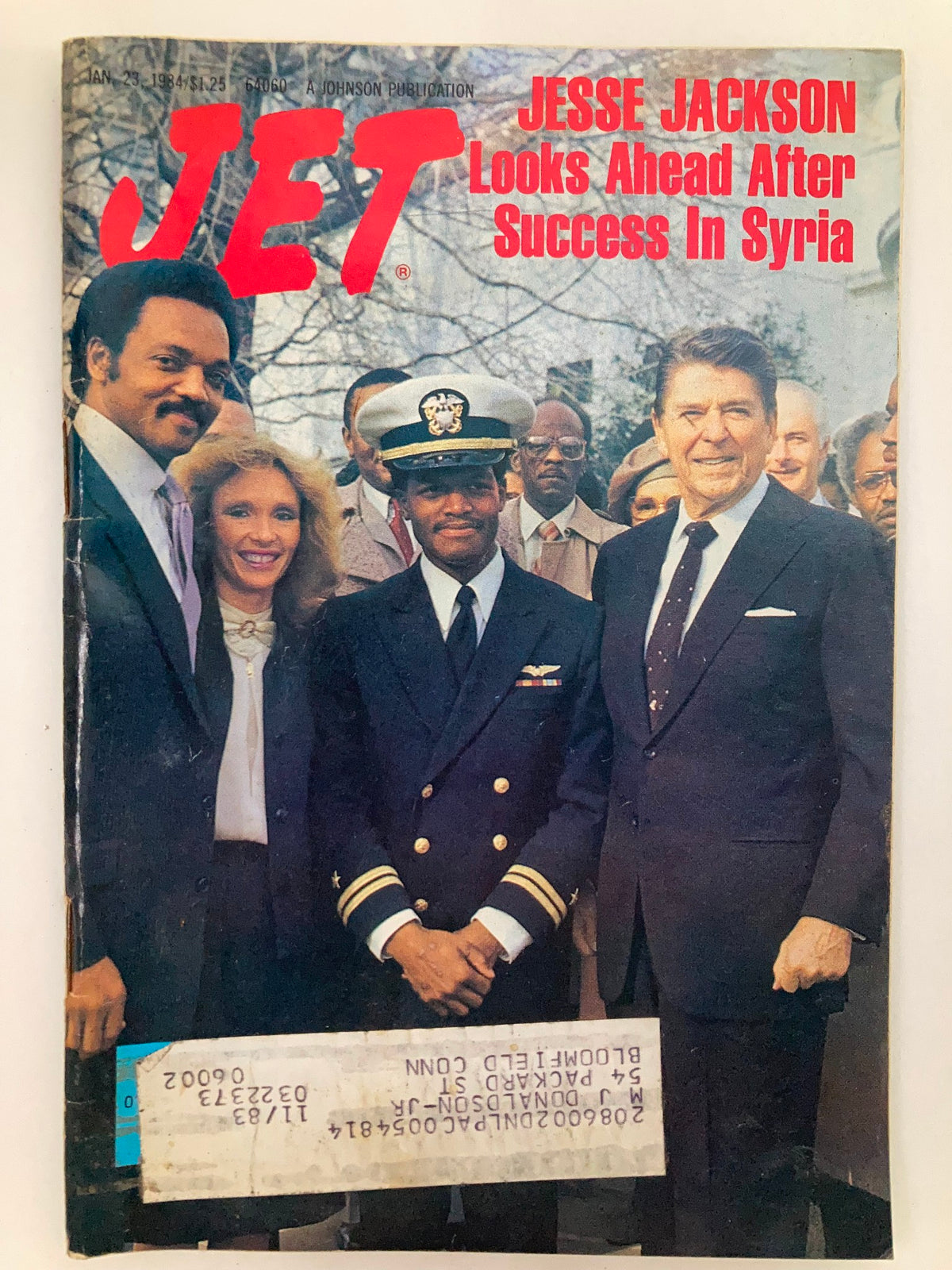 VTG Jet Magazine January 23 1984 featuring Jesse Jackson and Ronald Reagan on the cover, highlighting Jesse Jackson's look at success in Syria, with a group of notable individuals including a military officer.