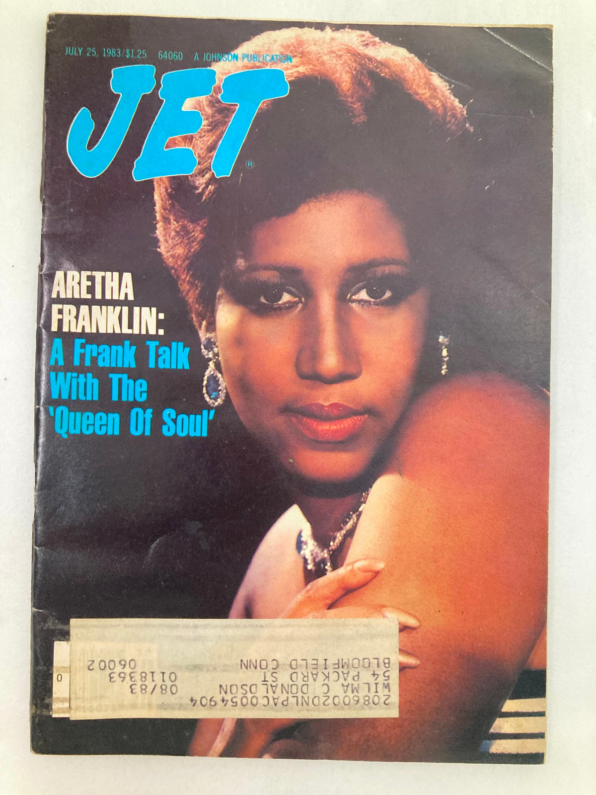 Cover of Jet Magazine dated July 25, 1983, featuring Aretha Franklin with the headline 'A Frank Talk With The Queen Of Soul'. The magazine showcases a classic design reflecting the 1980s aesthetic.