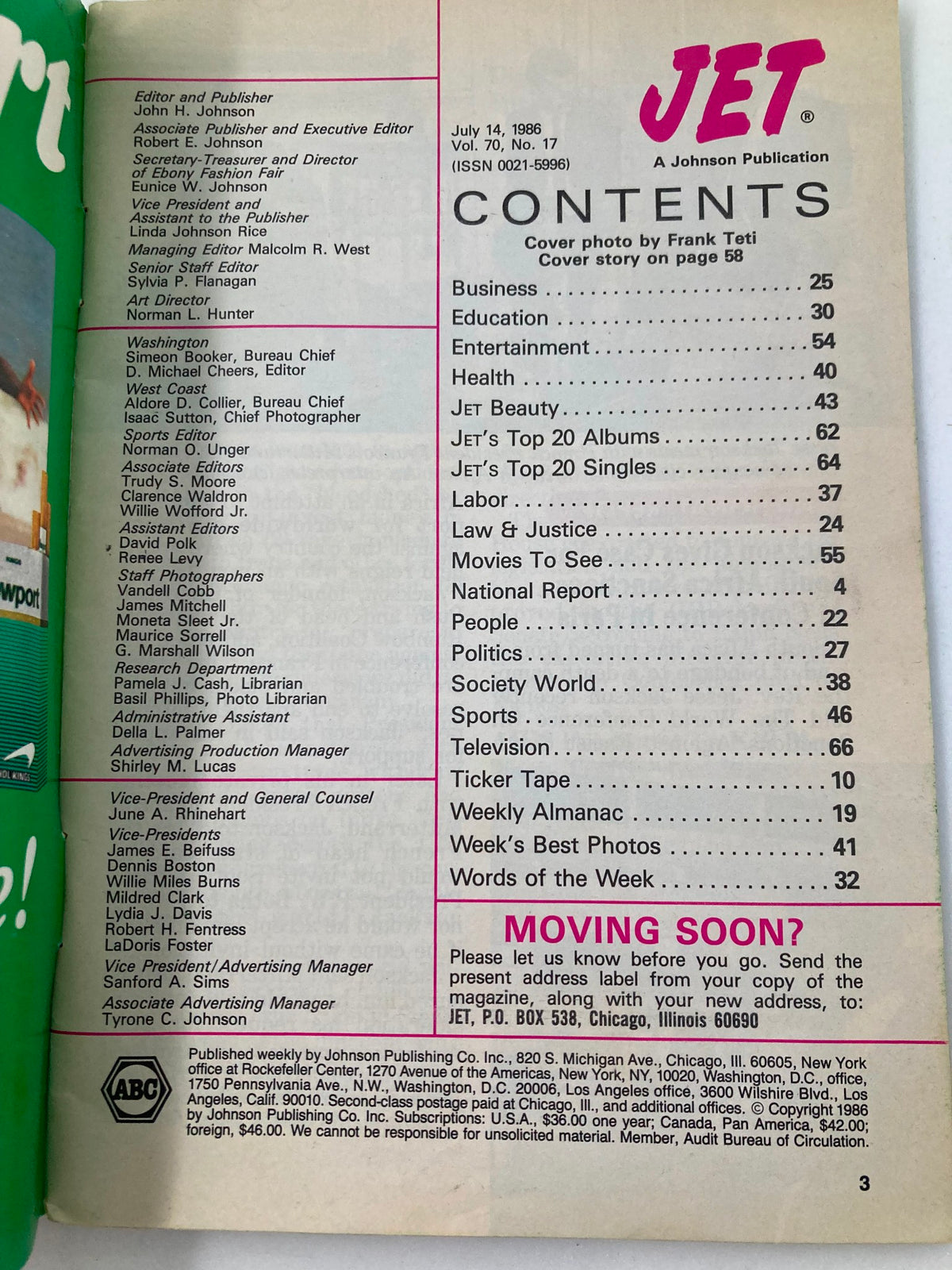 Contents page of VTG Jet Magazine July 14 1986, providing an overview of articles including entertainment, politics, and health featured in this issue.