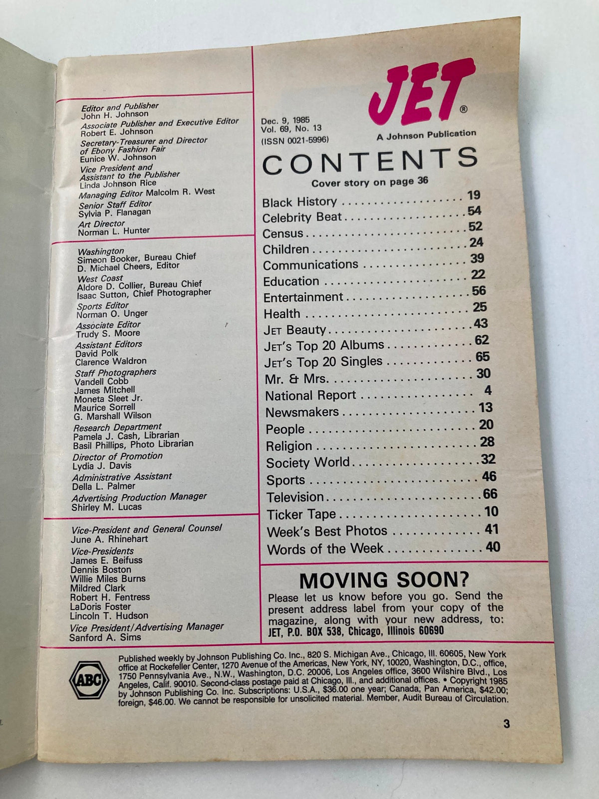 Interior page of VTG Jet Magazine December 9 1985 Vol 69 #13 showing the contents section, listing features such as Black History and Celebrity Beat.