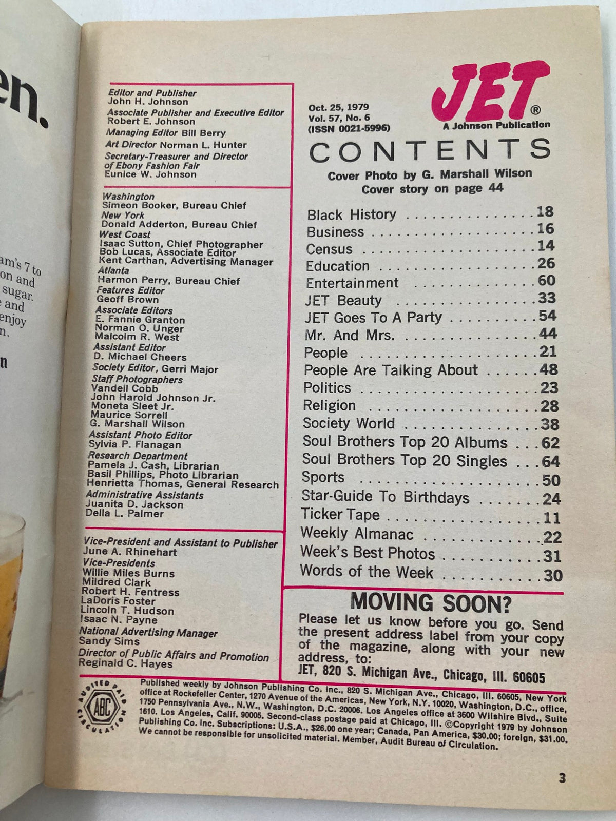 Contents page of VTG Jet Magazine October 25 1979 Vol 57 #6, listing articles on topics like Black History, Business, and Entertainment, published by Johnson Publishing Company.