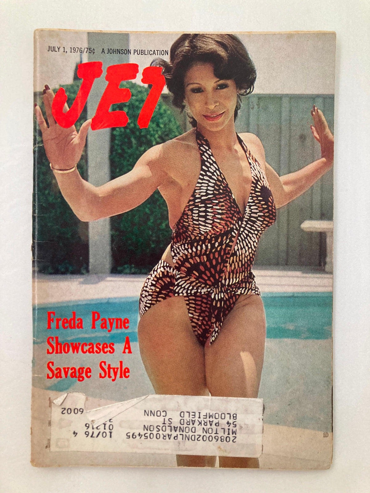 Cover of Jet Magazine from July 1, 1976, featuring Freda Payne, highlighting her savage style and vibrant fashion in a swimsuit, with a swimming pool backdrop.