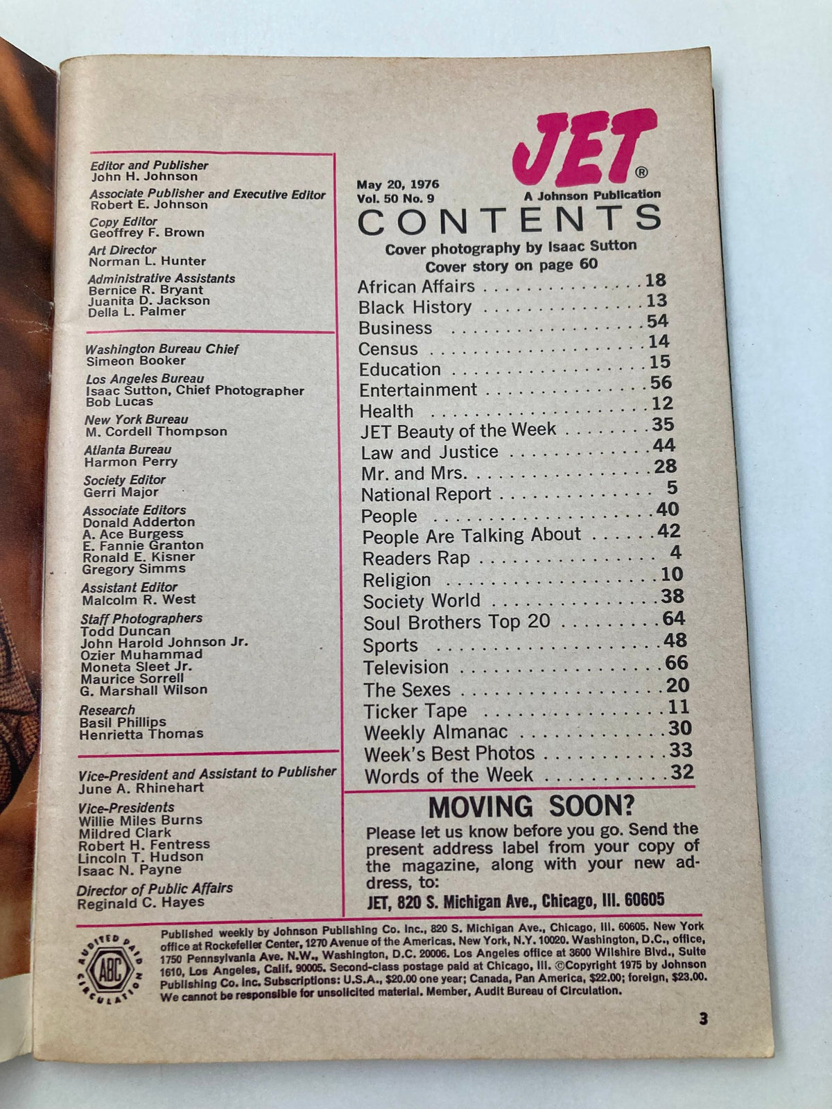Table of contents from VTG Jet Magazine May 20 1976 Vol 50 #9, listing articles including African Affairs, Black History, and Music, showcasing the magazine's diverse coverage from the 1970s.