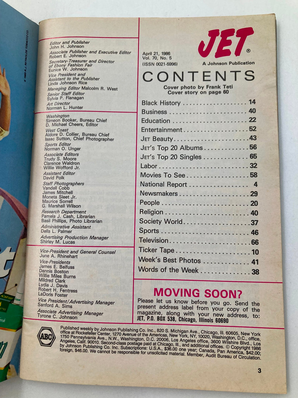 Contents page of VTG Jet Magazine April 21 1986 Vol 70 #5, listing articles on Black History, Business, Entertainment, and more.