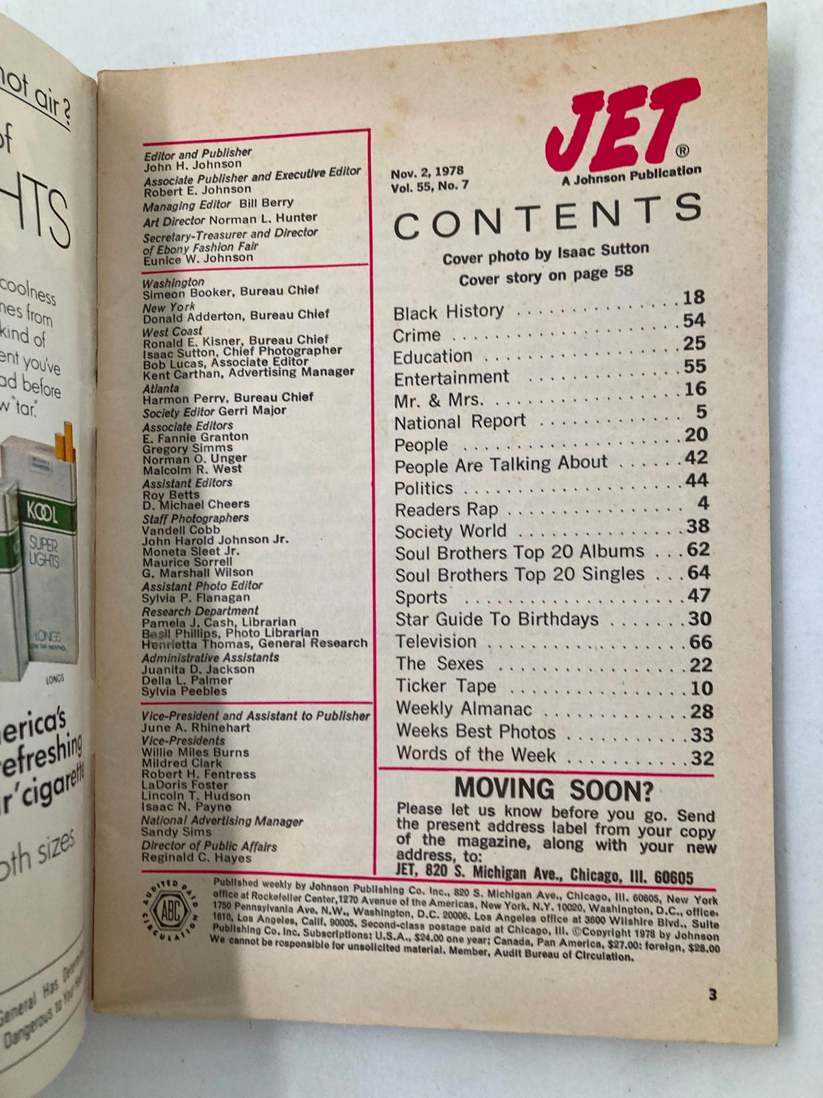Contents page of VTG Jet Magazine November 2 1978, detailing features including Black History, Entertainment, and National Report, a classic publication from a Johnson publication.