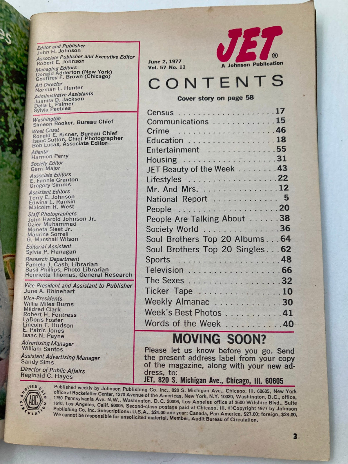 Table of contents from VTG Jet Magazine June 2, 1977, Volume 57, Issue #11, listing articles and features including stories on entertainment and societal topics.