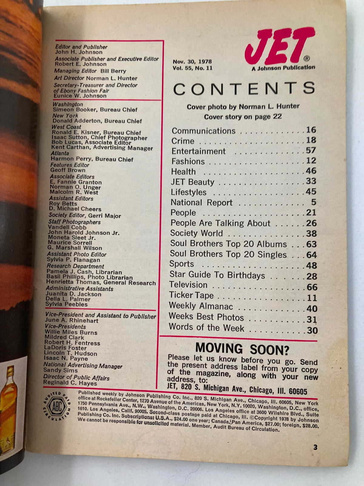 Contents page of VTG Jet Magazine November 30, 1978, Vol 55 #11, listing articles including entertainment, health, and fashion, from a notable periodical.