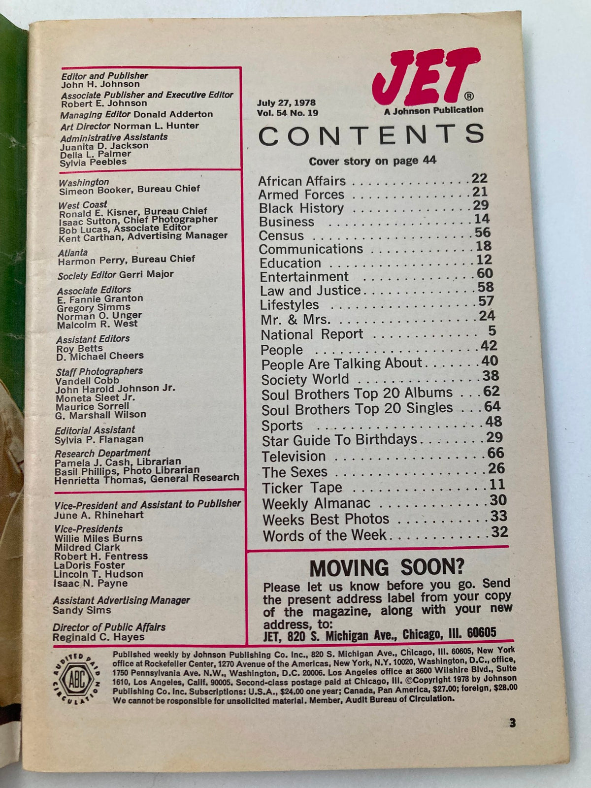 Inside contents page of VTG Jet Magazine from July 27, 1978, Vol 54 #19 featuring a list of articles including topics on African Affairs, Black History, Education, and Entertainment.