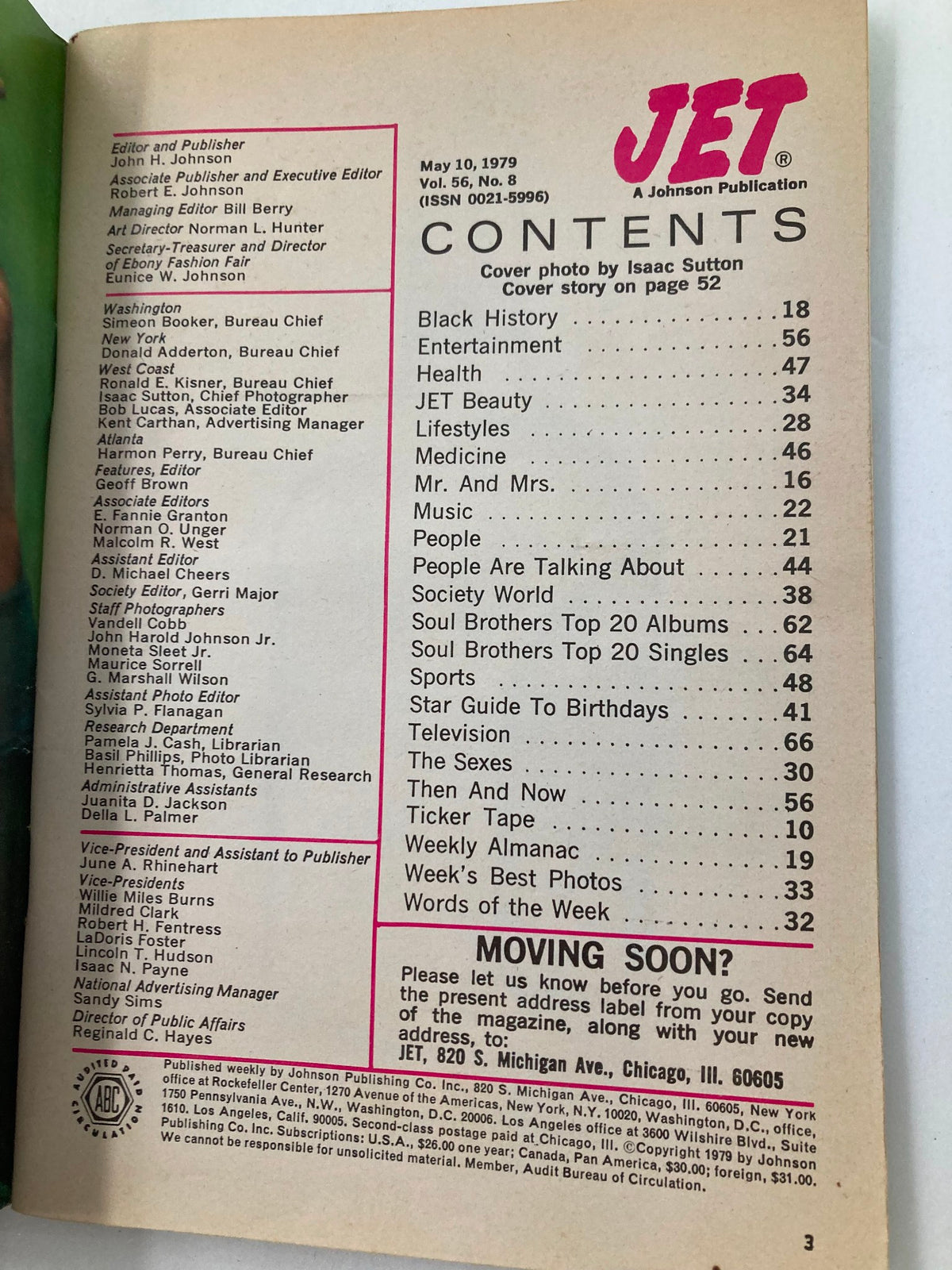 Contents page of Vintage Jet Magazine May 10, 1979, Vol 56 #8 with editorial details, featuring sections on entertainment, health, and lifestyle, highlighting magazine structure.