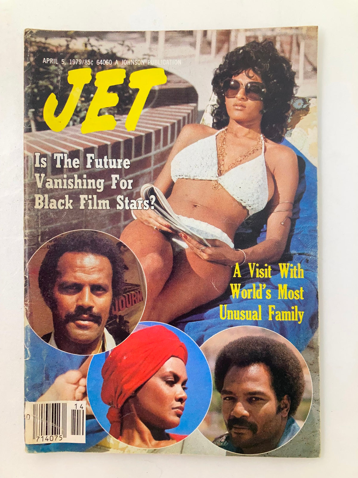VTG Jet Magazine April 5 1979 Vol 56 #3 World's Most Unusual Family cover featuring a woman in a bikini and surrounded by images of various individuals, discussing the future of Black film stars.