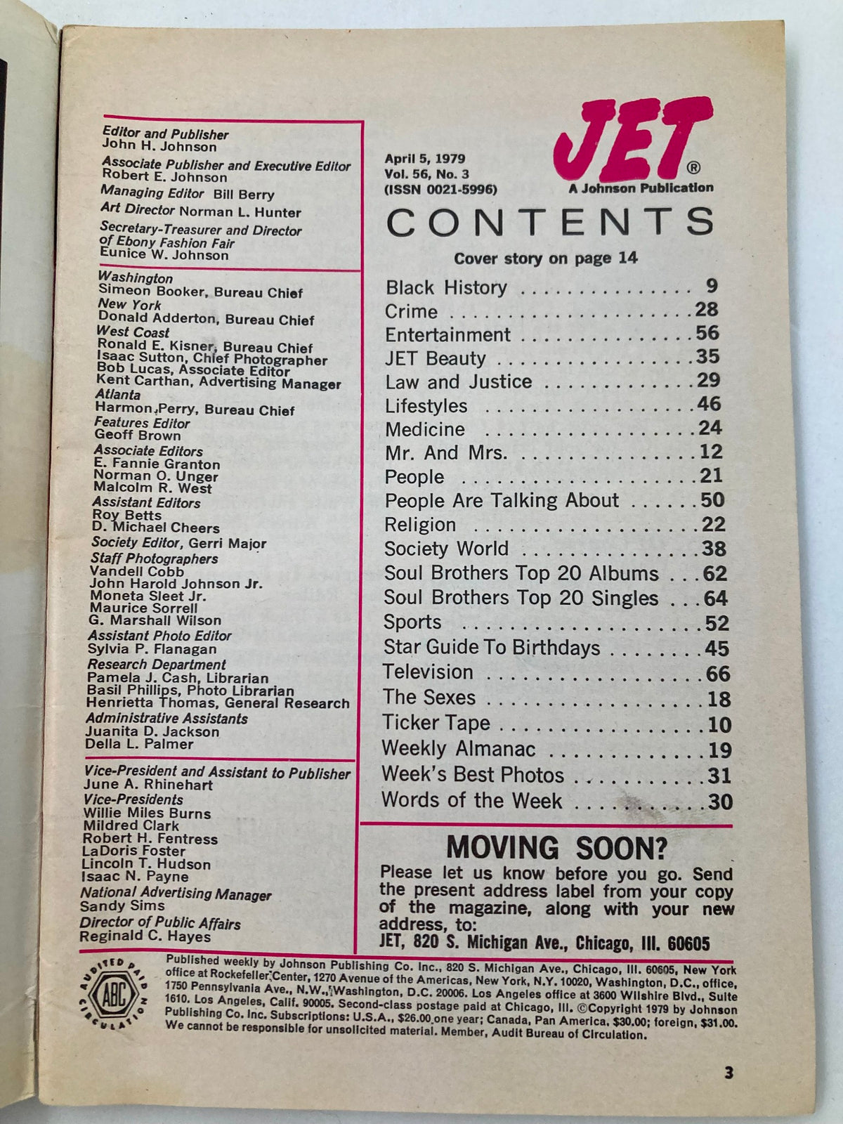 Contents page of VTG Jet Magazine April 5 1979 Vol 56 #3, listing articles including Black History, Entertainment, JET Beauty, and more, published by Johnson Publishing Company.