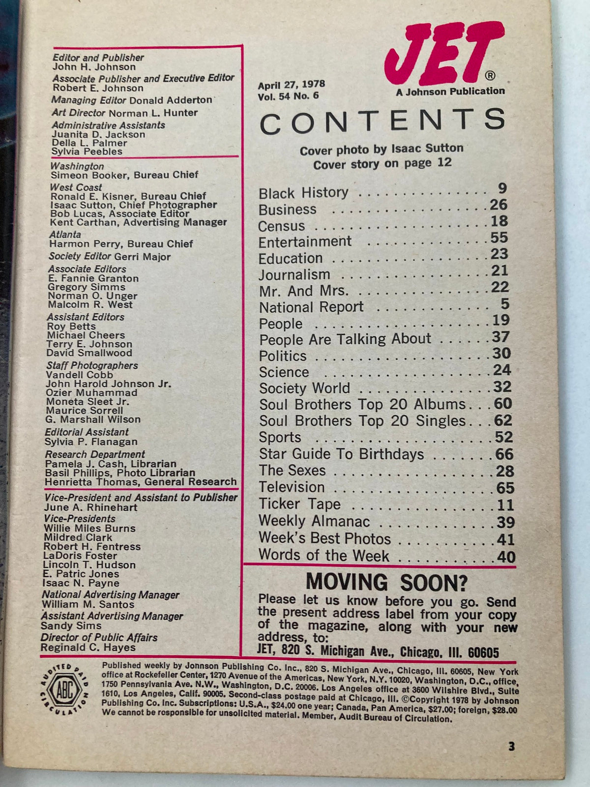 Contents page of VTG Jet Magazine from April 27, 1978, Vol 54 No 6, listing articles including topics like Black History, Business, and Entertainment.