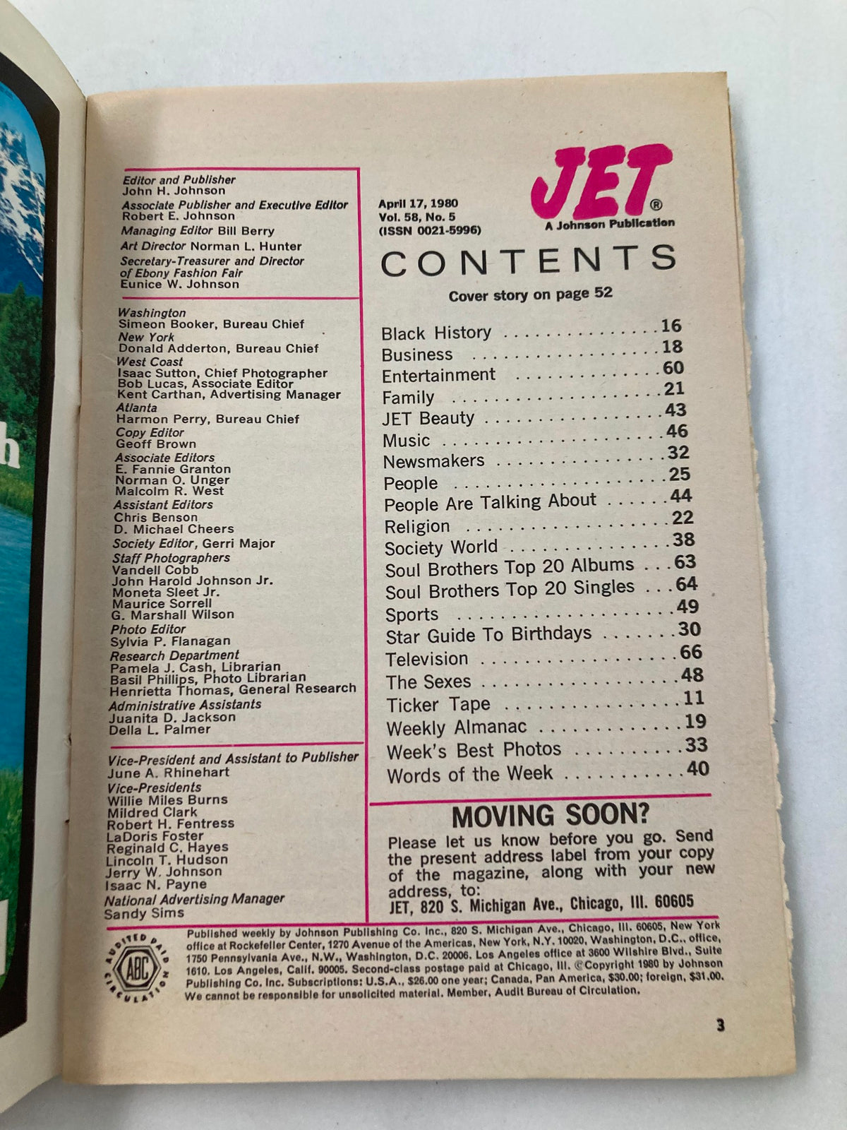 Table of contents page from VTG Jet Magazine April 17 1980 Vol 58 #5, detailing featured articles including Black History, Entertainment, and the cover story about Muhammad Ali.