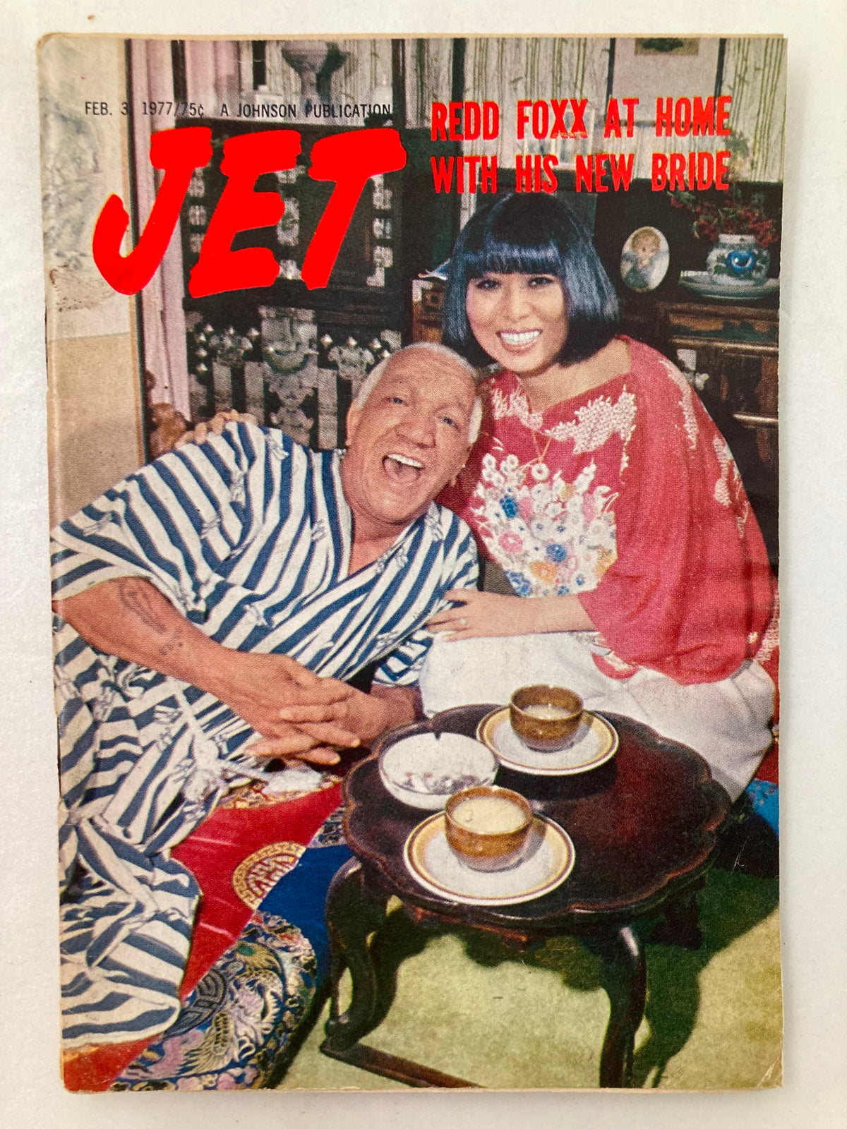 Vintage Jet Magazine cover from February 3, 1977, featuring Redd Foxx and his New Bride. The cover shows the couple sitting together at home, smiling, with traditional decor in the background.