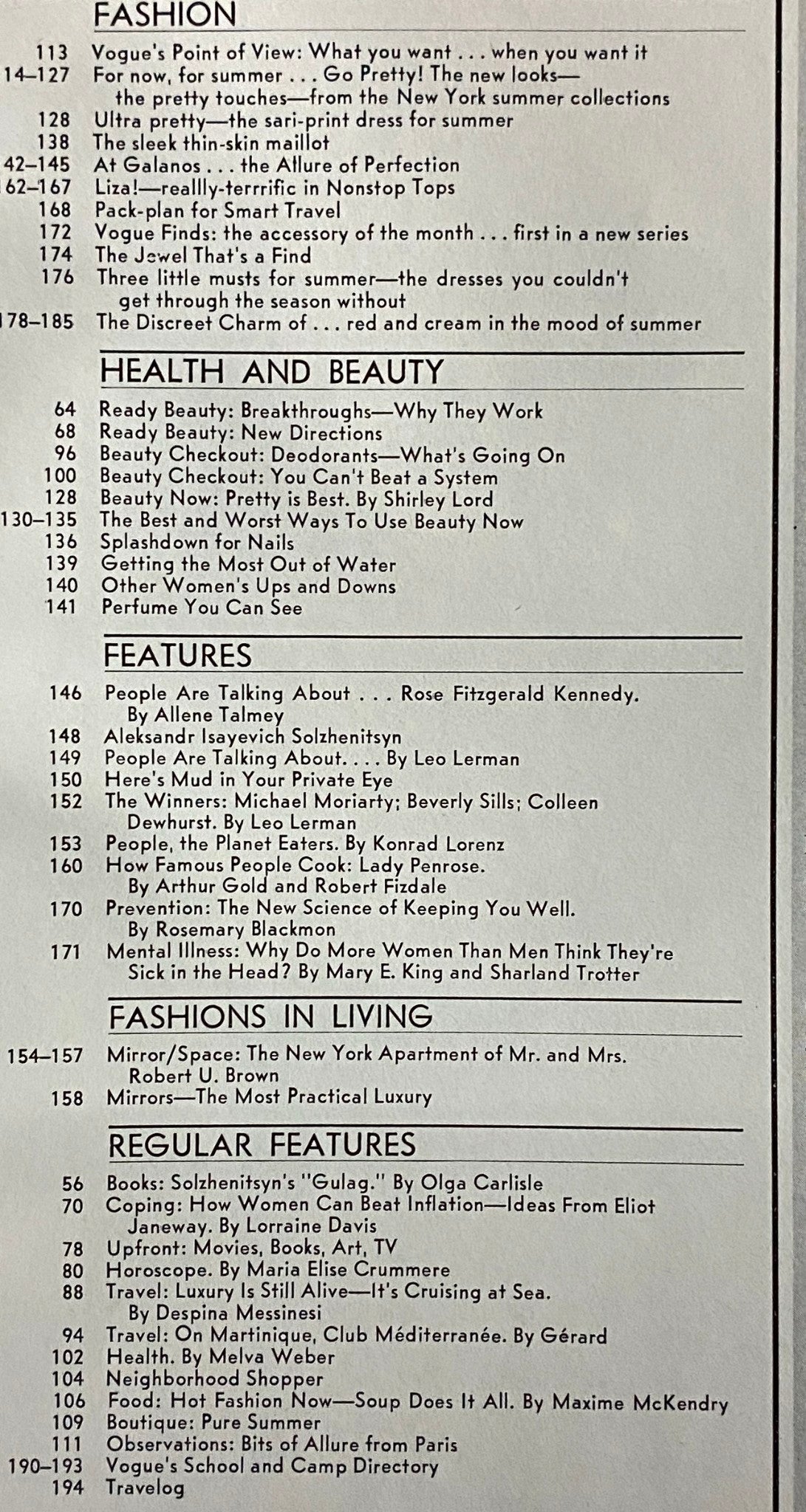 Vogue Magazine April 1974 featuring a fashion index page showcasing articles and sections on health, beauty, and fashion trends of the 1970s by renowned photographer Richard Avedon.