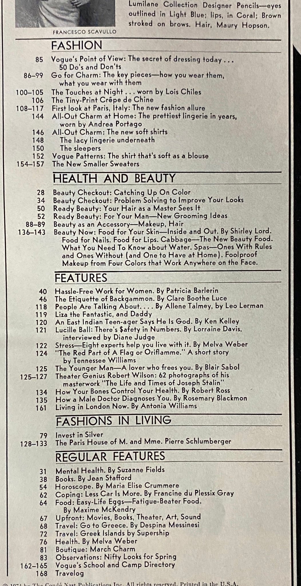 Table of contents from the March 1974 issue of Vogue Magazine, listing articles on fashion, beauty, and lifestyle features.