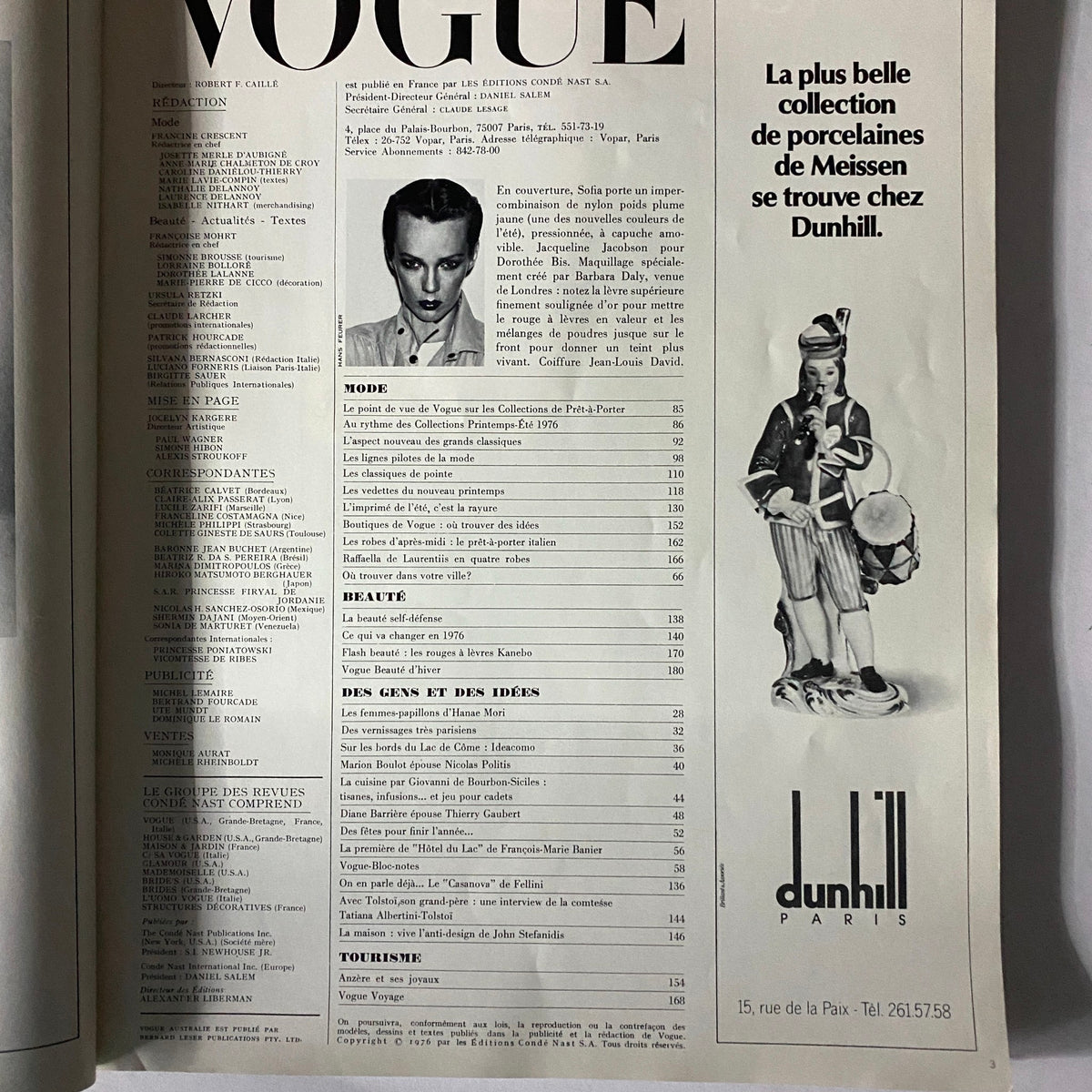 Table of contents from Vogue Paris Magazine February 1976, featuring a cover image of Sofia Kiukkonen, showcasing 1970s fashion and beauty trends.