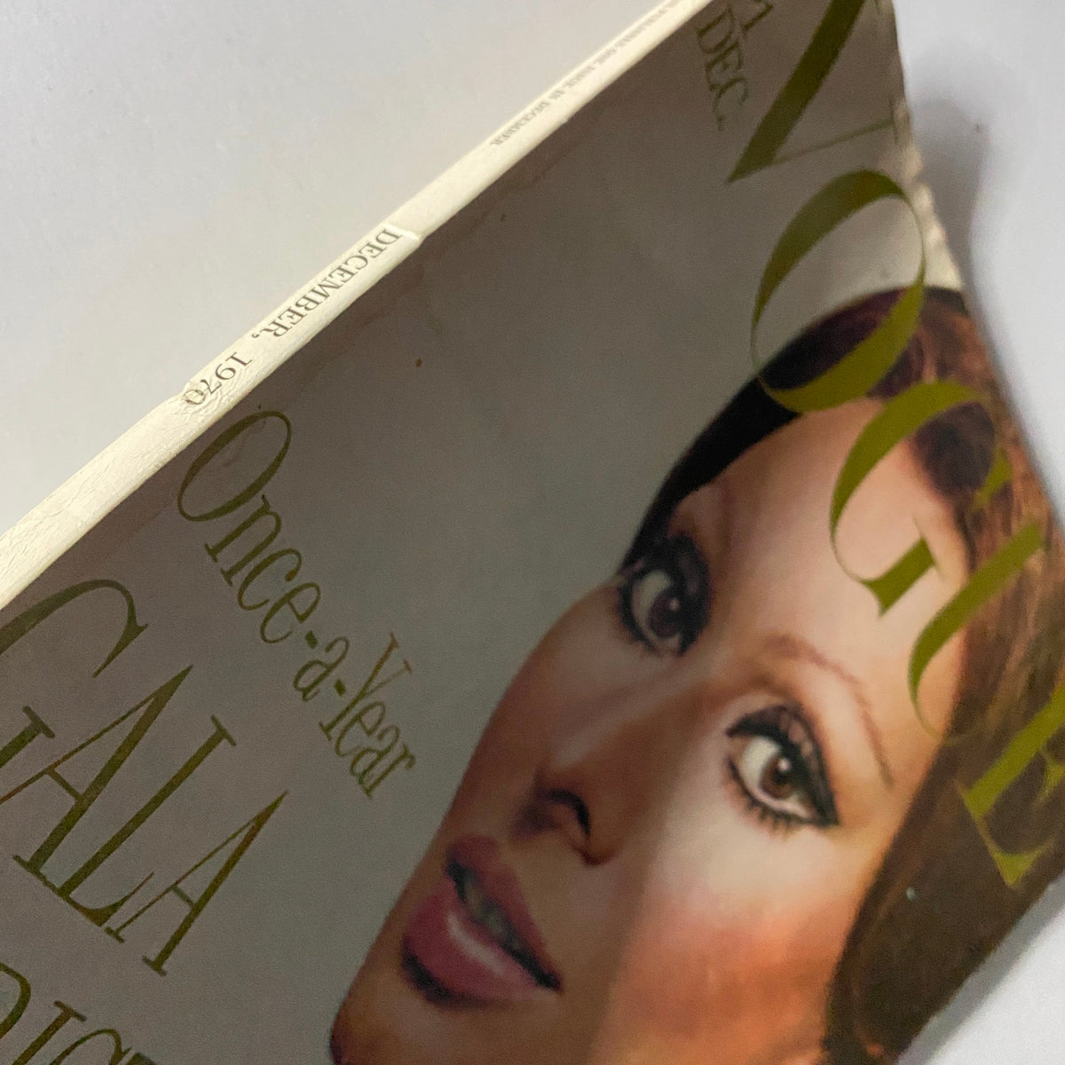 Close-up view of Vogue Magazine December 1970 showcasing Sophia Loren on the cover, emphasizing the vintage design and style of the gala Christmas issue.
