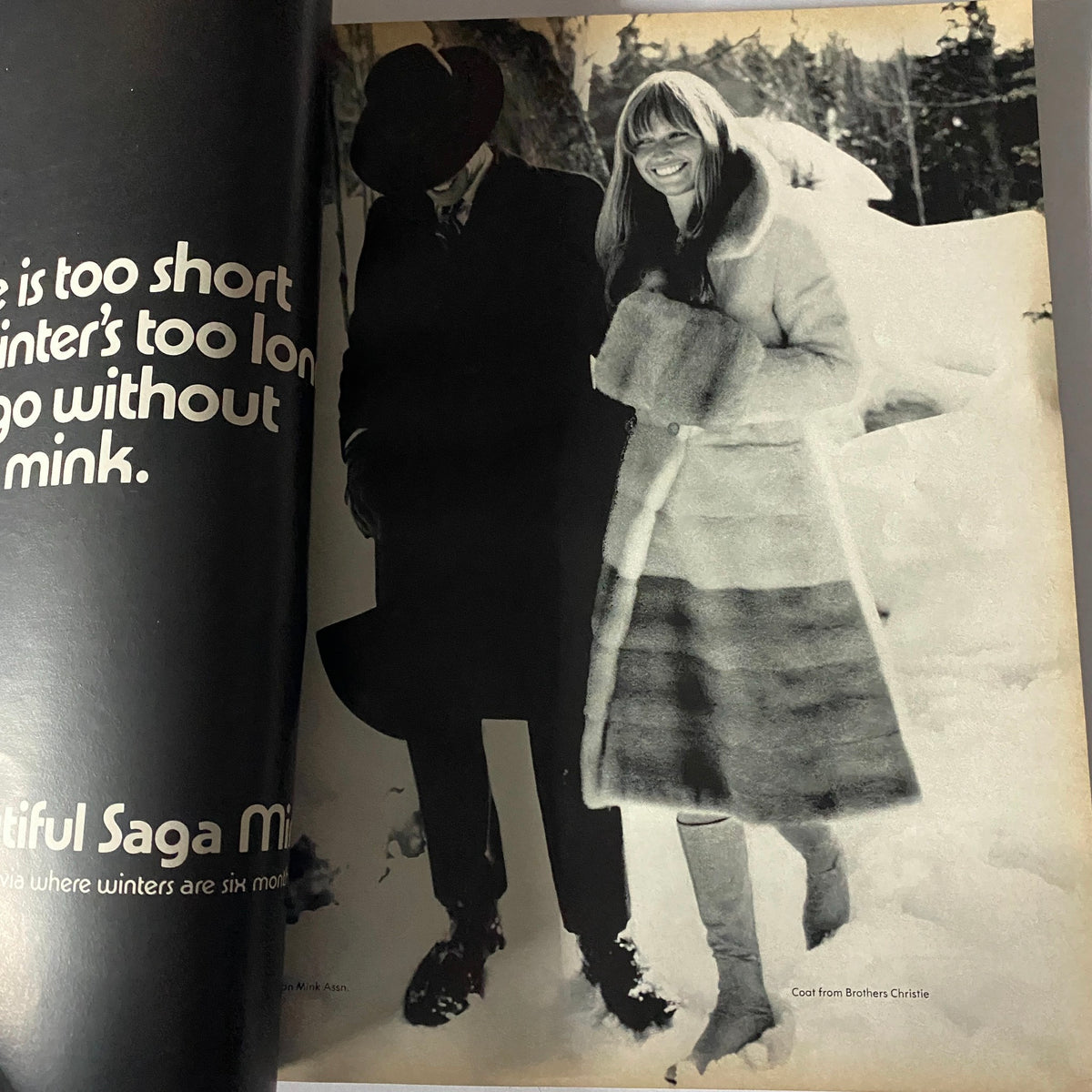 Vintage advertisement from Vogue Magazine December 1970 showcasing a model in winter attire and mink fur, highlighting trends in 1970s fashion.