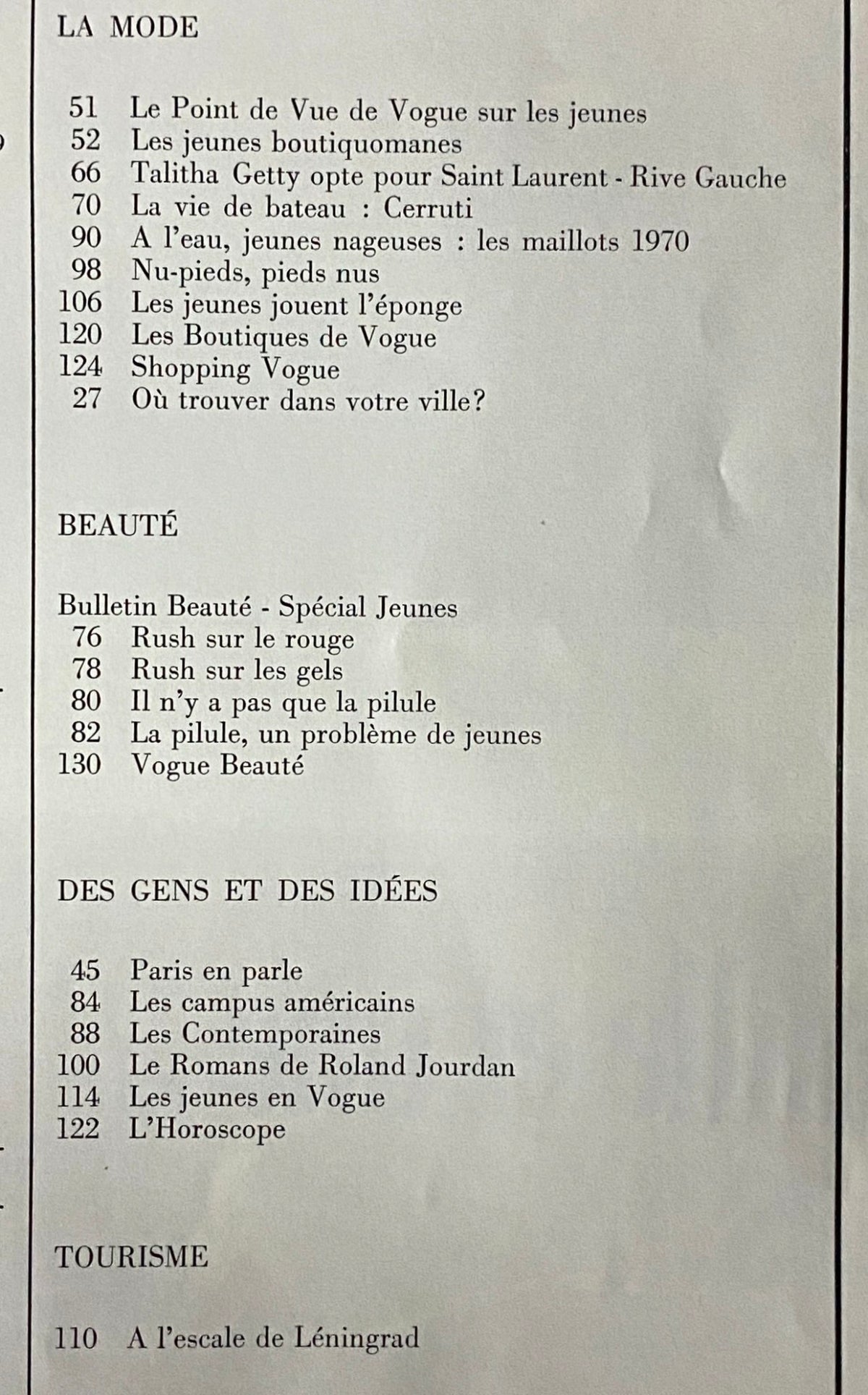 Page layout showcasing fashion features in Vogue Paris Magazine May 1970, including articles on youth culture and designers like Talitha Getty.