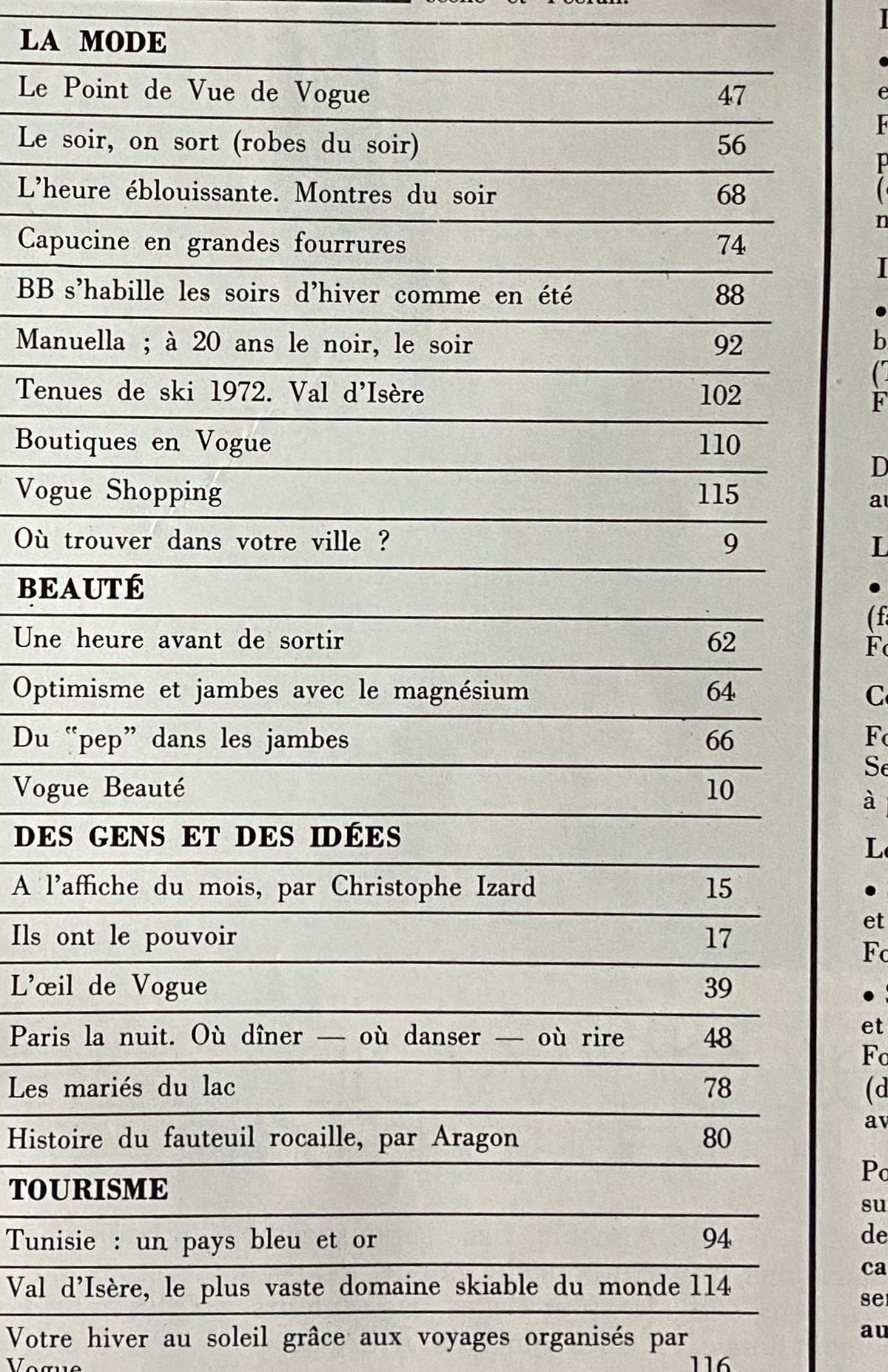 Table of contents from Vogue Paris Magazine November 1971 featuring sections on fashion, beauty, and tourism, showcasing the magazine's editorial layout.