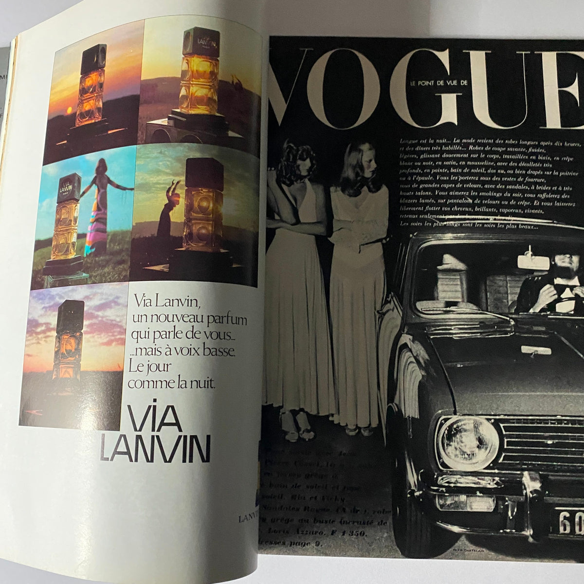 Stylish advertisement spread featuring the perfume Via Lanvin in Vogue Paris Magazine November 1971, highlighting bold visuals and elegant fashion photography.